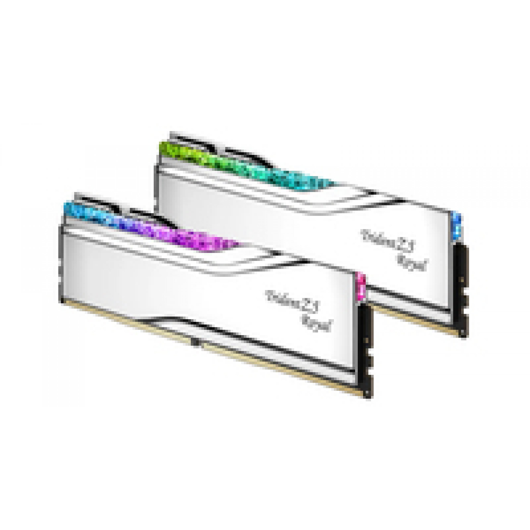 Mavi ve yeşil RGB aydınlatmalı iki beyaz Trident Z Royal RAM modülü.
