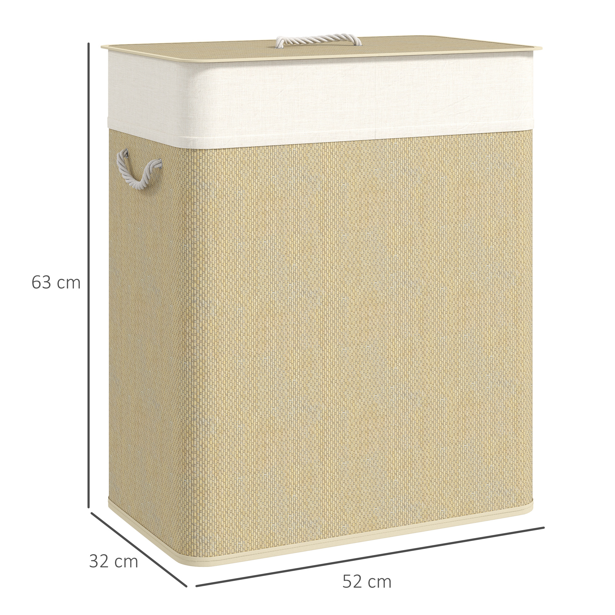 Cesto de ropa beige con tapa blanca y asas de cuerda, 63x32x52cm.