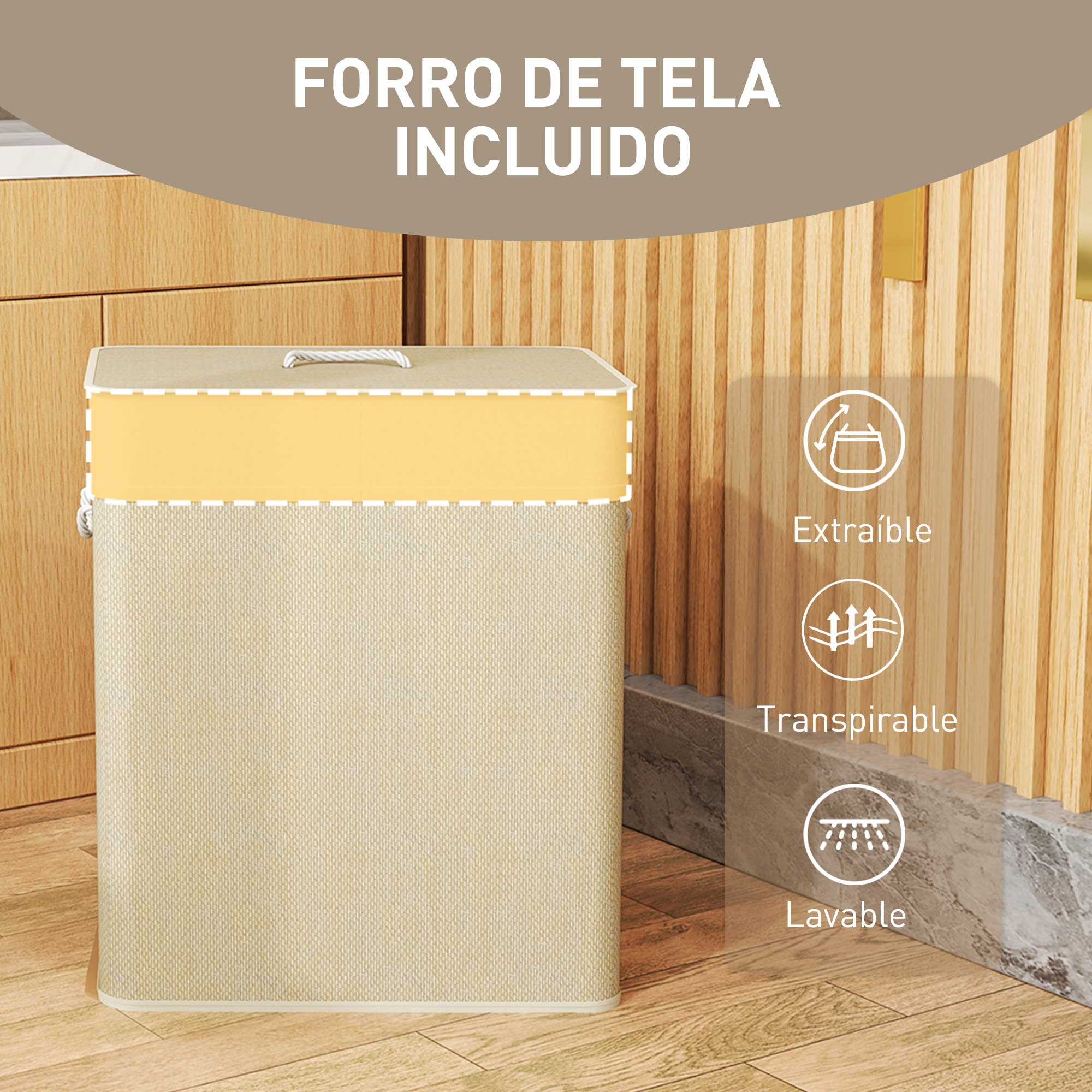 Cesto de ropa beige con inserto amarillo y asa de cuerda.