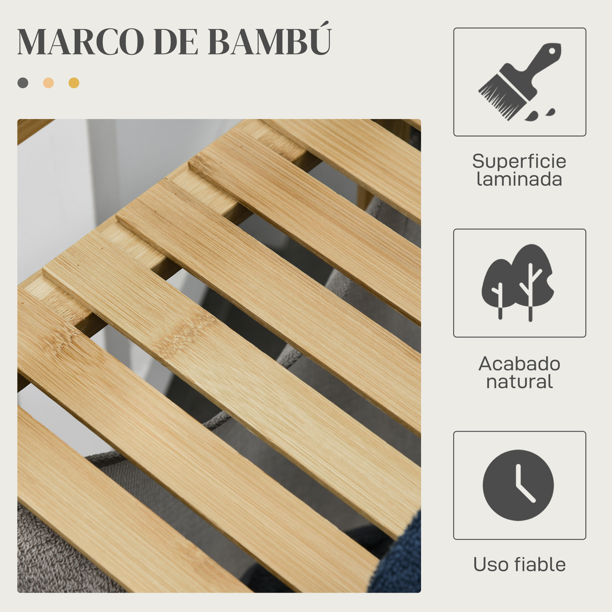 Primer plano de superficie de bambú con lamas y texto.