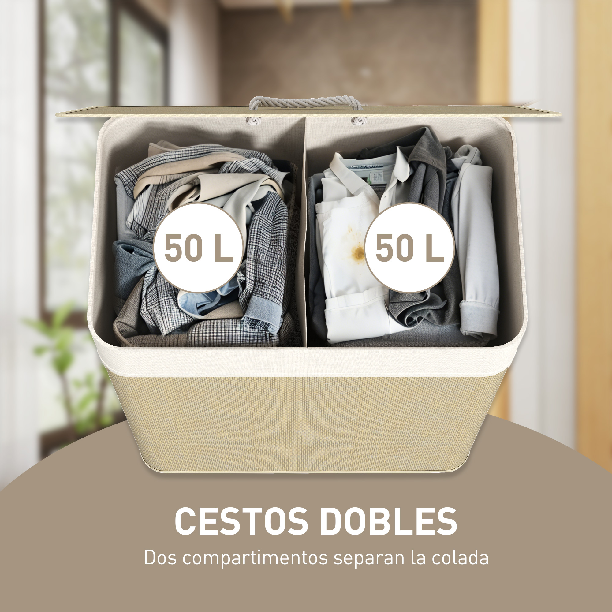 Dos compartimentos para ropa, 50 L cada uno. Cesto beige.