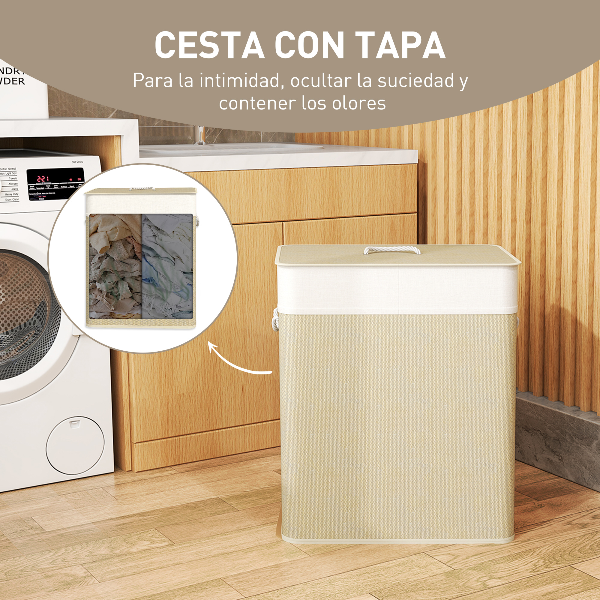 Cesto de ropa con tapa junto a una lavadora en un baño.