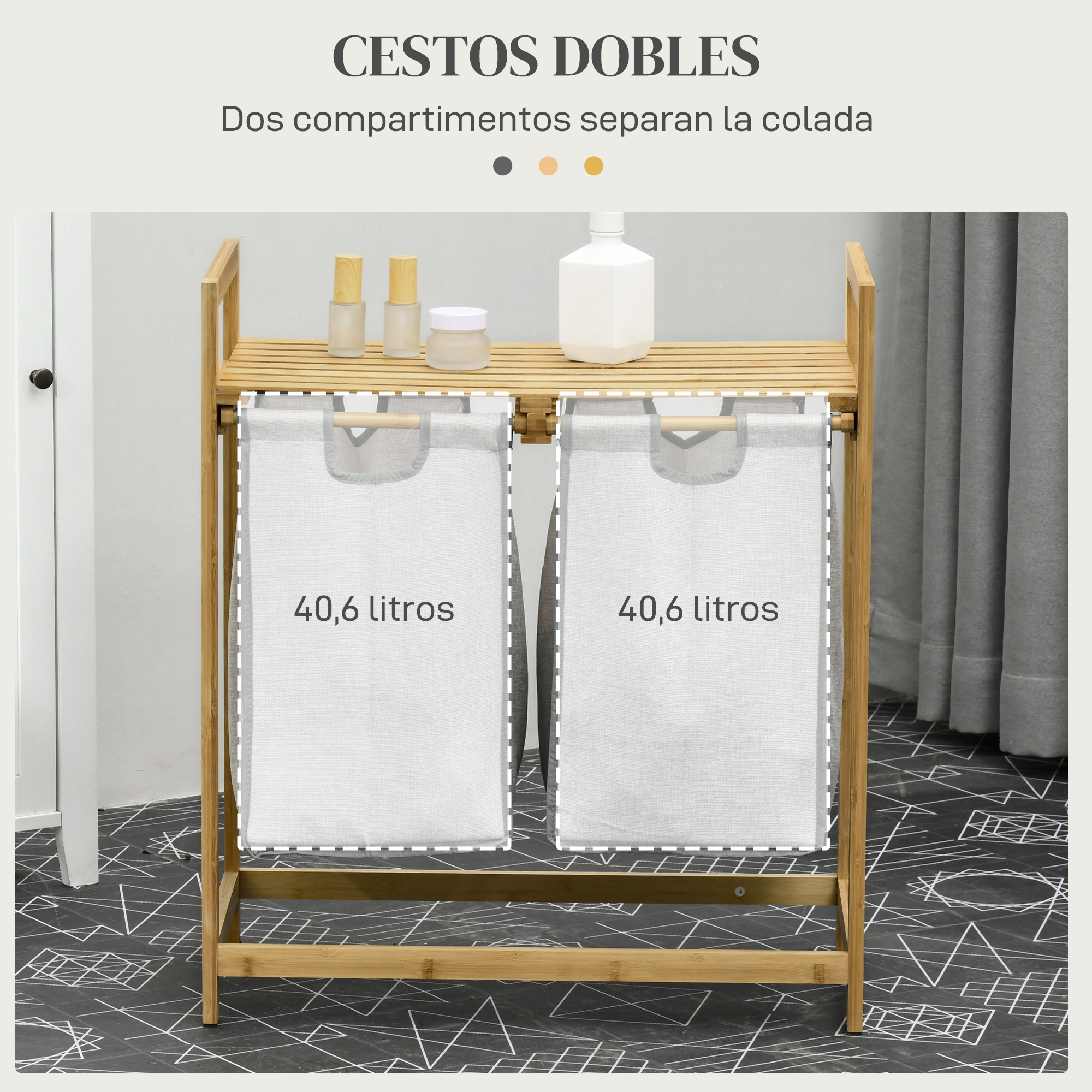 Un tendedero de madera con dos compartimentos y cubos de tela gris claro.