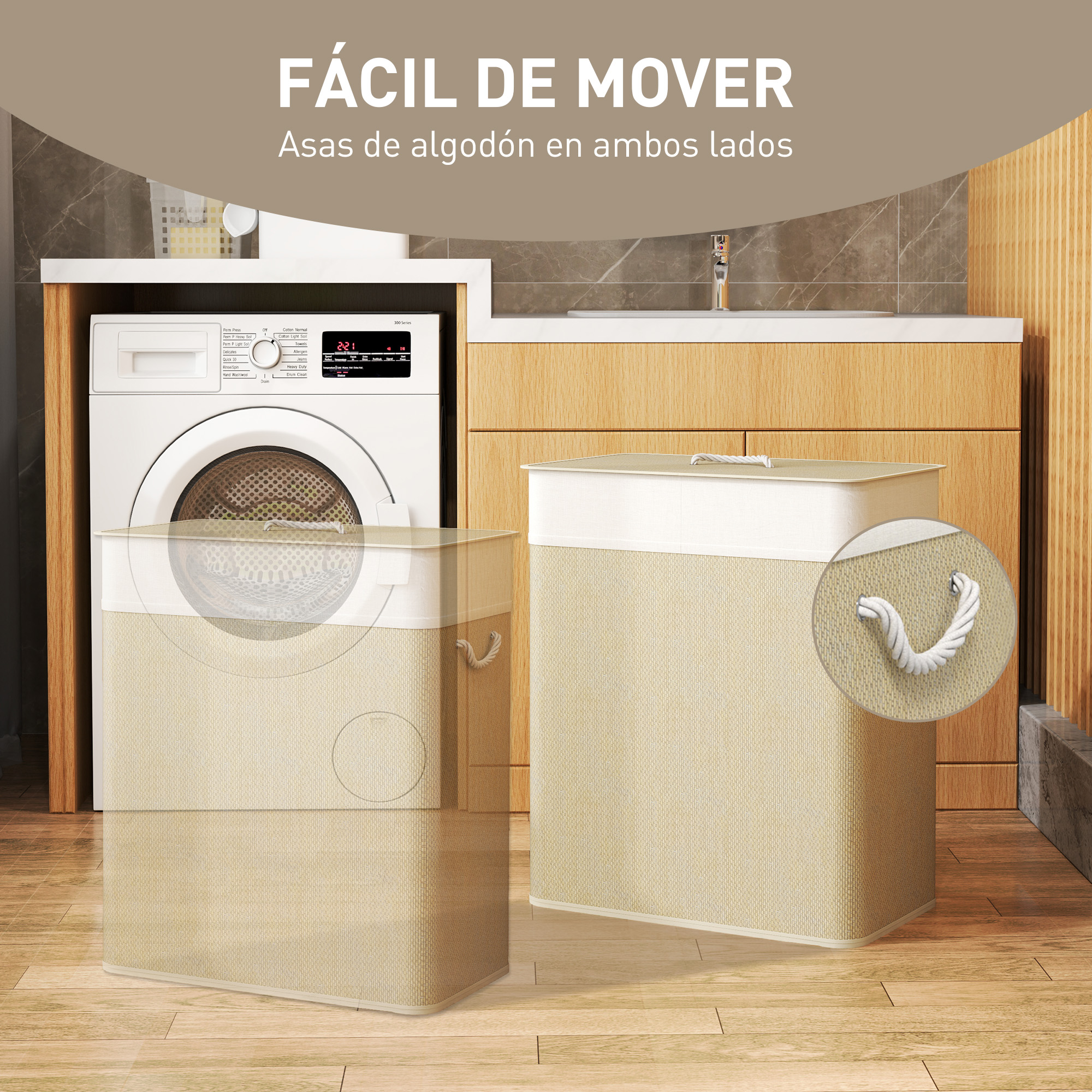 Una cesta de lavandería beige junto a una lavadora en un baño.