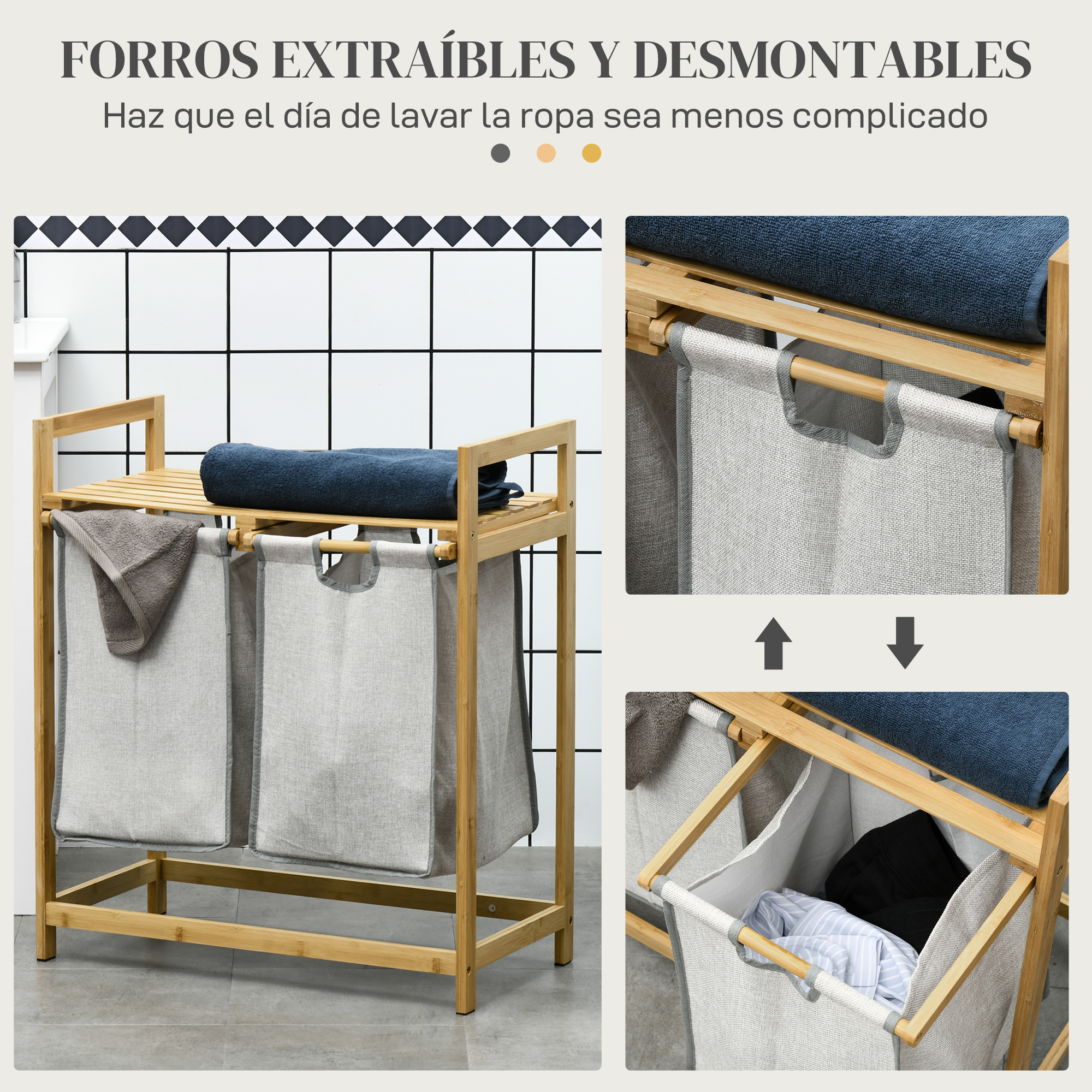 Un cesto de ropa de bambú con tres compartimentos y toallas.