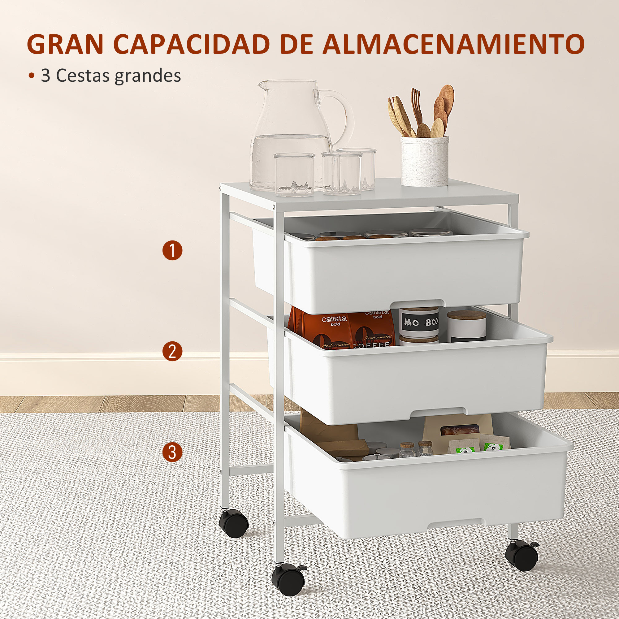 Un carrito blanco con ruedas y tres cajones, lleno de paquetes de café y frascos.