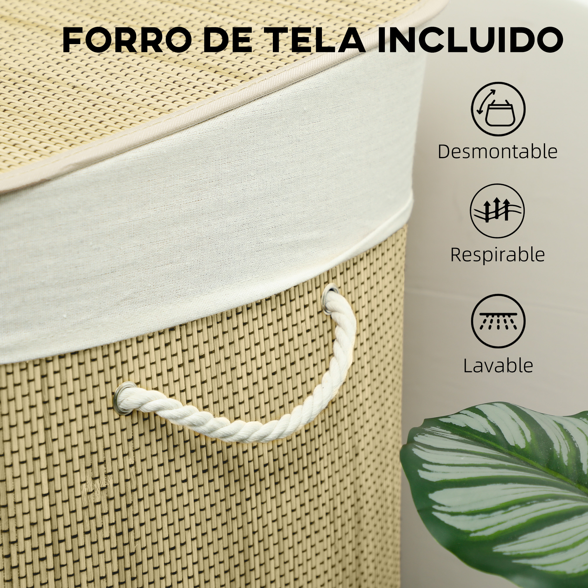 Cesta tejida con forro de tela blanco, asas de cuerda. Iconos: desmontable, transpirable, lavable.