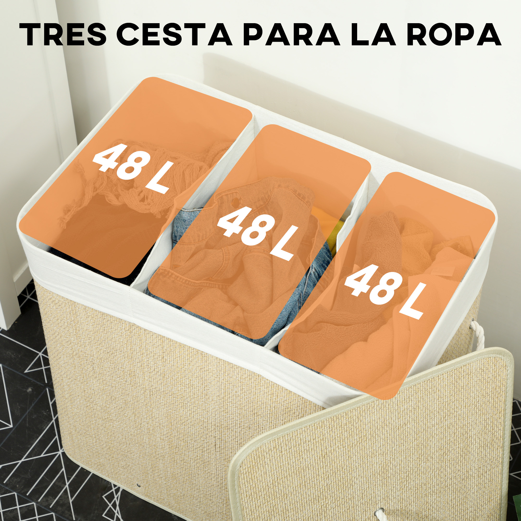 Una cesta de ropa con tres compartimentos, cada uno con 48 L.
