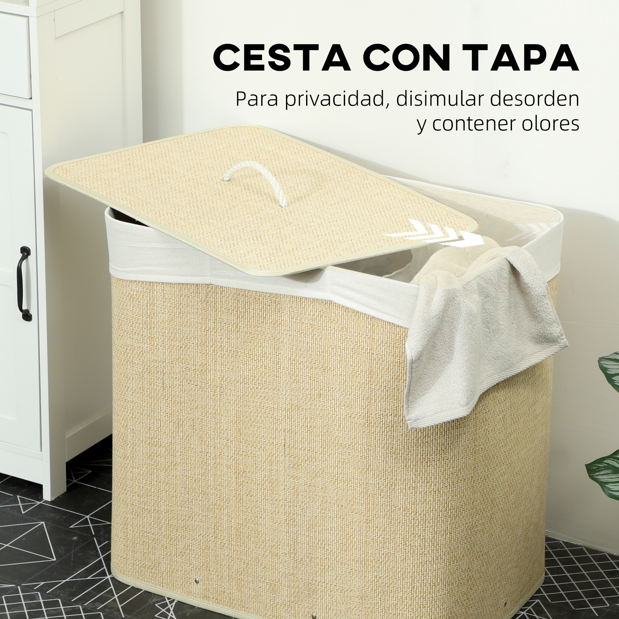 Cesta de lavandería beige con tapa y asa de cuerda, junto a un armario.