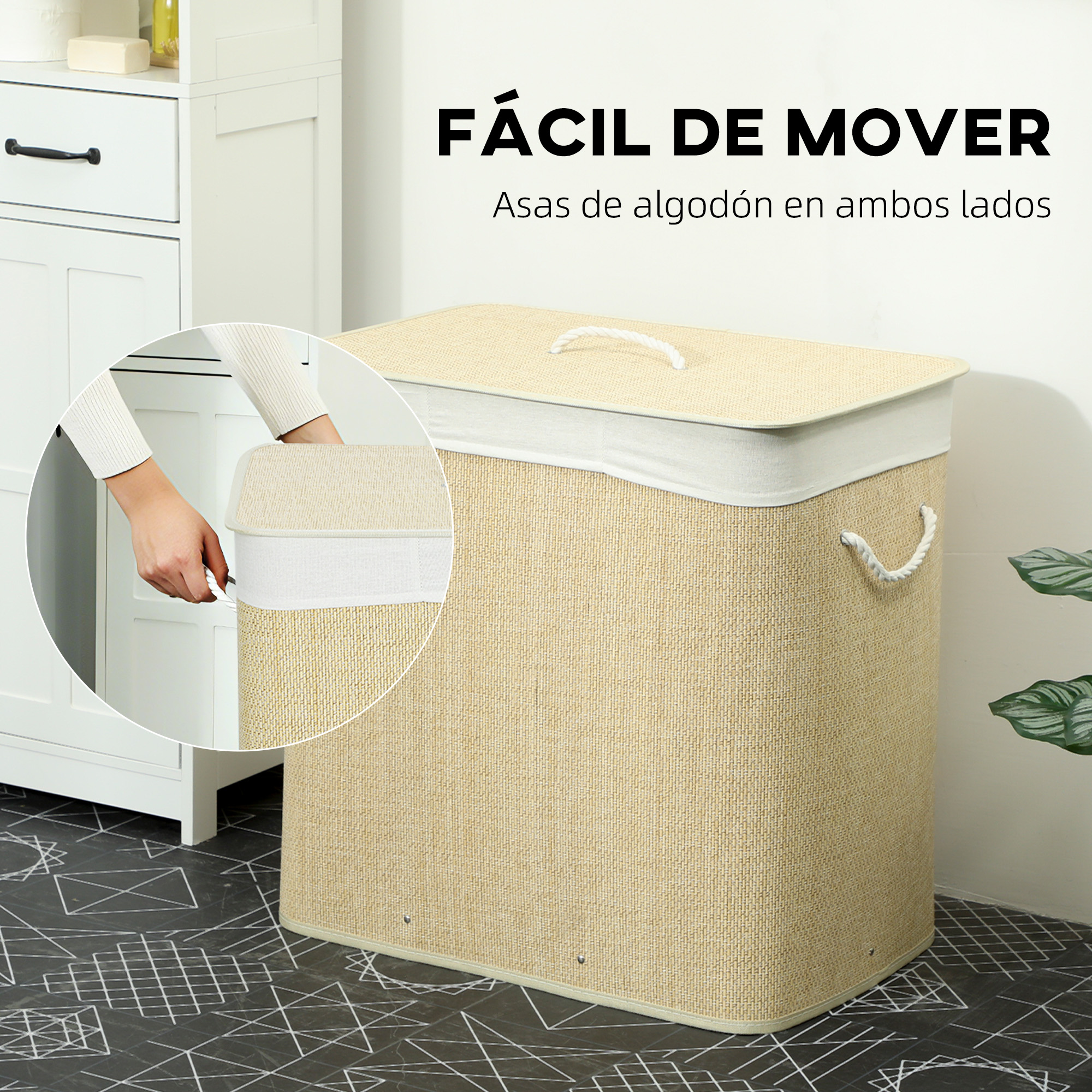 Cesto de ropa beige con asas de cuerda y tapa, junto a un armario blanco.