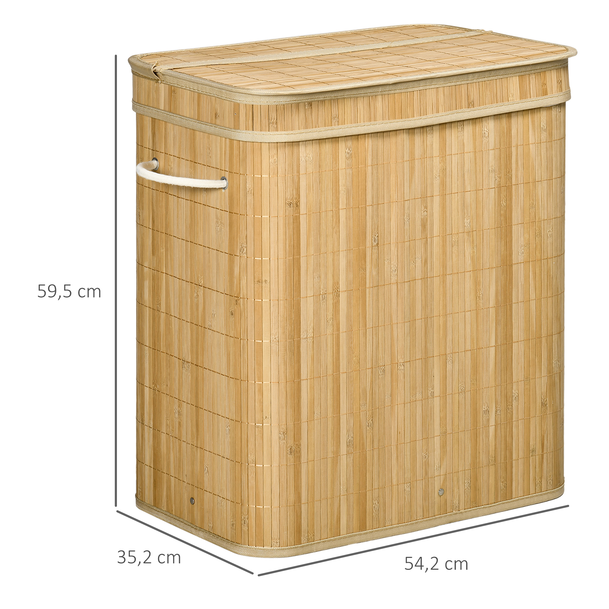 Cesta de ropa de bambú con tapa y asas de cuerda, 59,5 cm de alto.