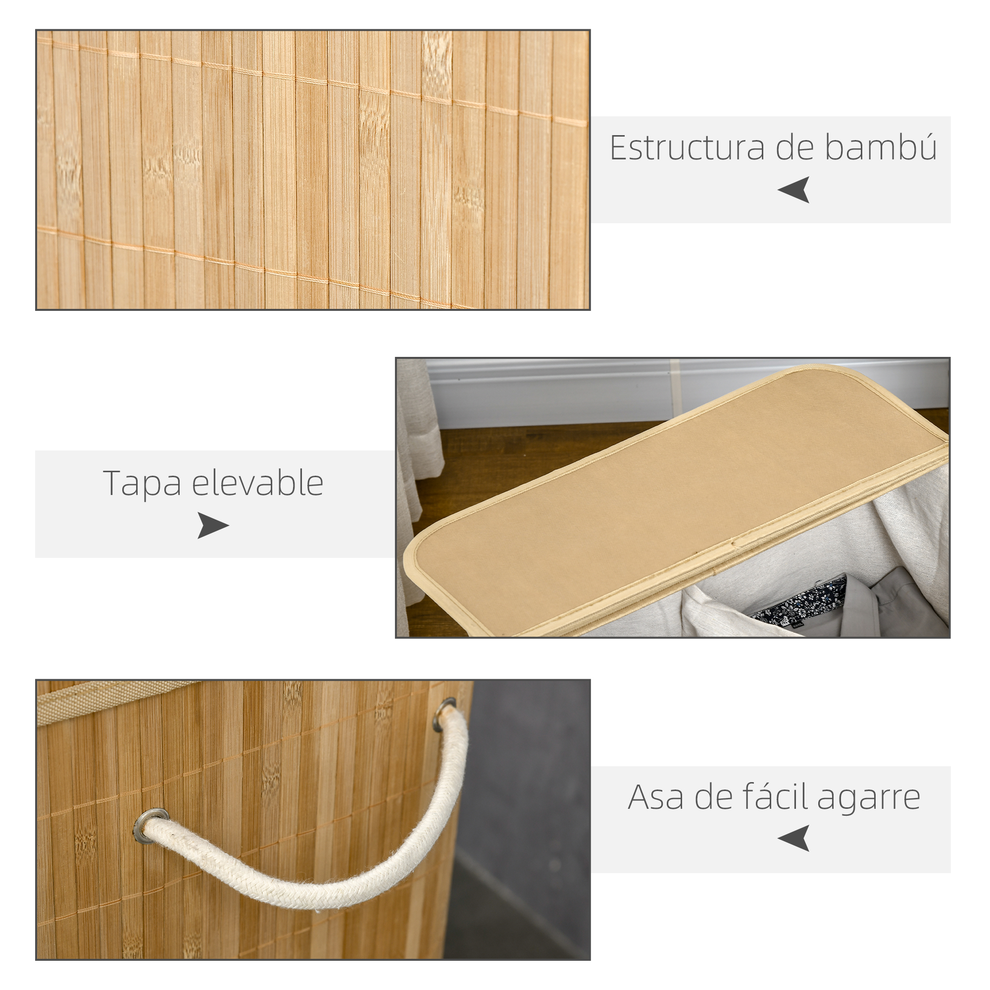 Cesto de bambú con tapa extraíble, asa de cuerda y forro.