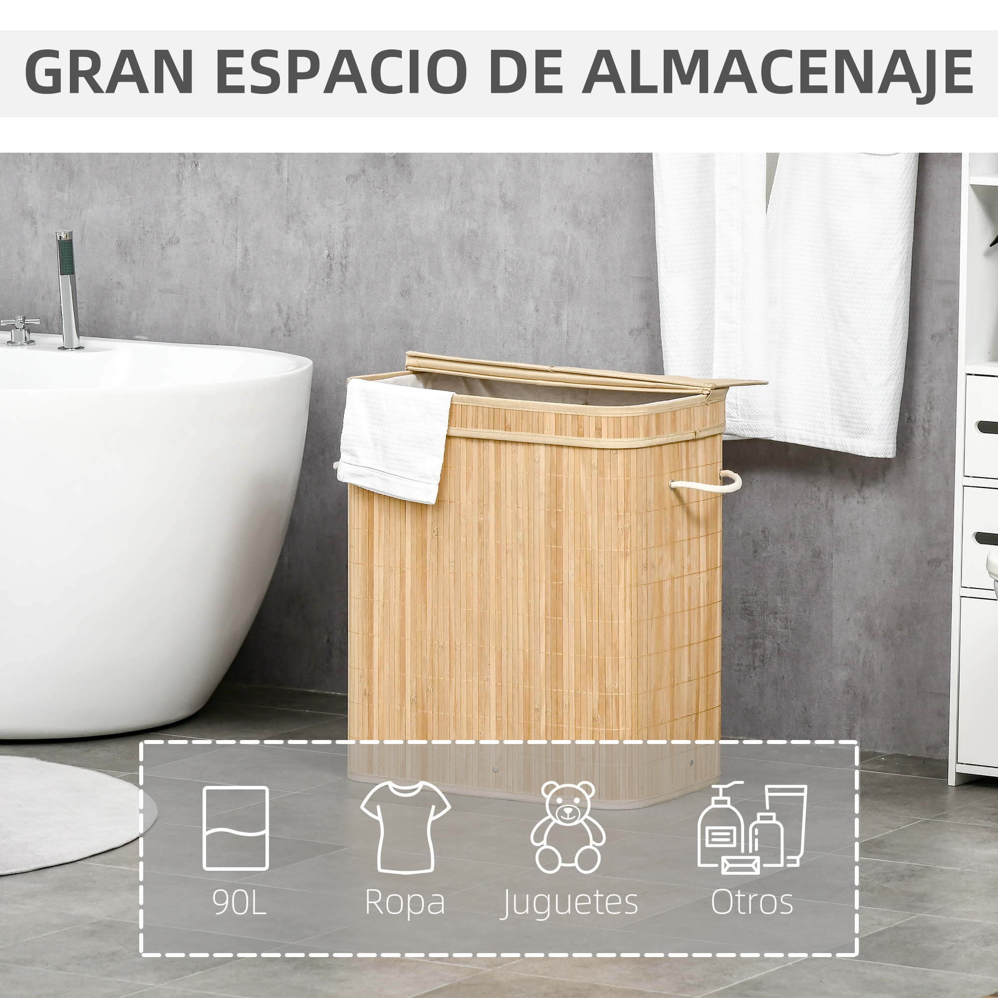 Una cesta de lavandería grande de bambú junto a una bañera en un baño.