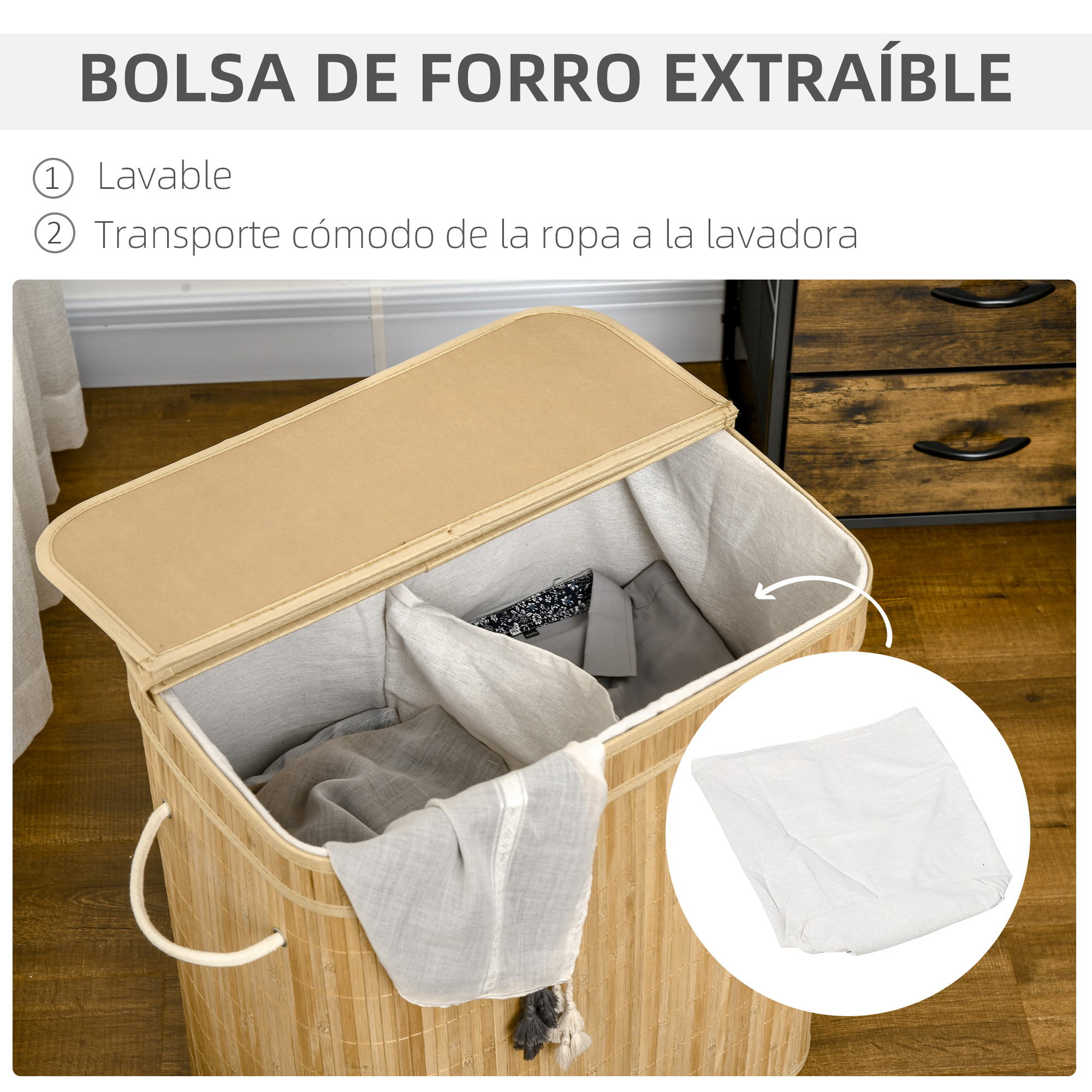 Una cesta de lavandería de bambú beige con tapa y asas, llena de ropa.