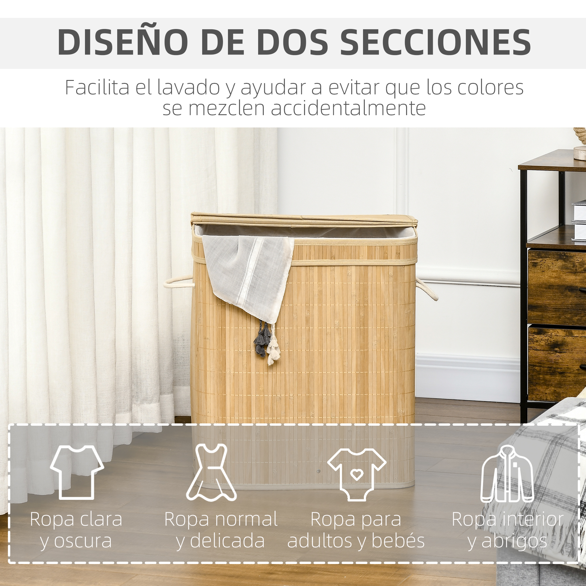 Un cesto de ropa de bambú con dos compartimentos e iconos de tipos de ropa.