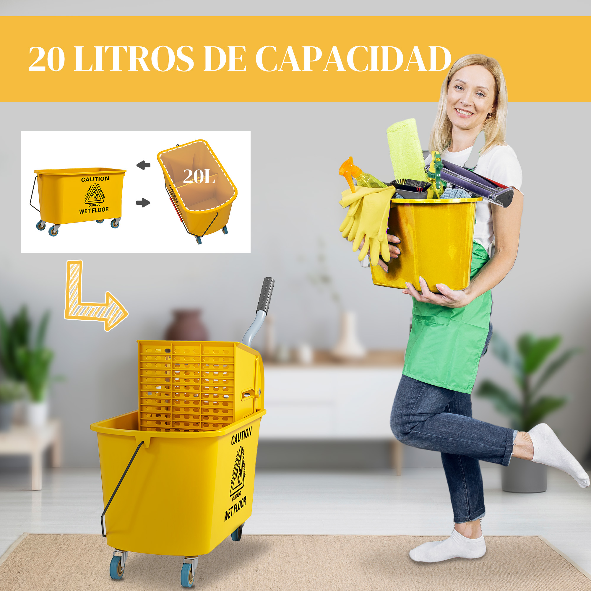 Una mujer sostiene un cubo amarillo con suministros de limpieza. Un cubo de fregar amarillo grande está cerca.