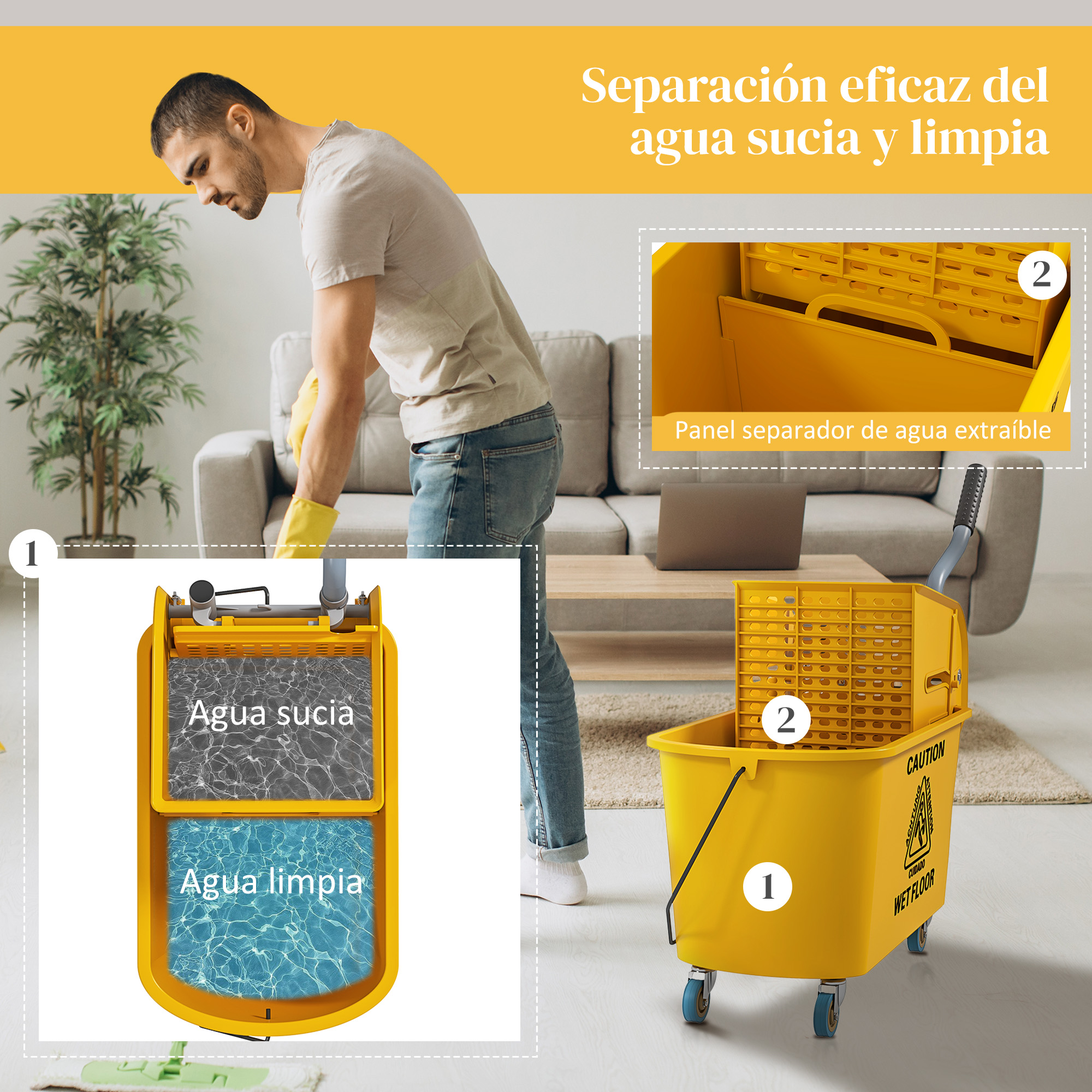 Un hombre con guantes amarillos usa un cubo de fregar amarillo con dos compartimentos.
