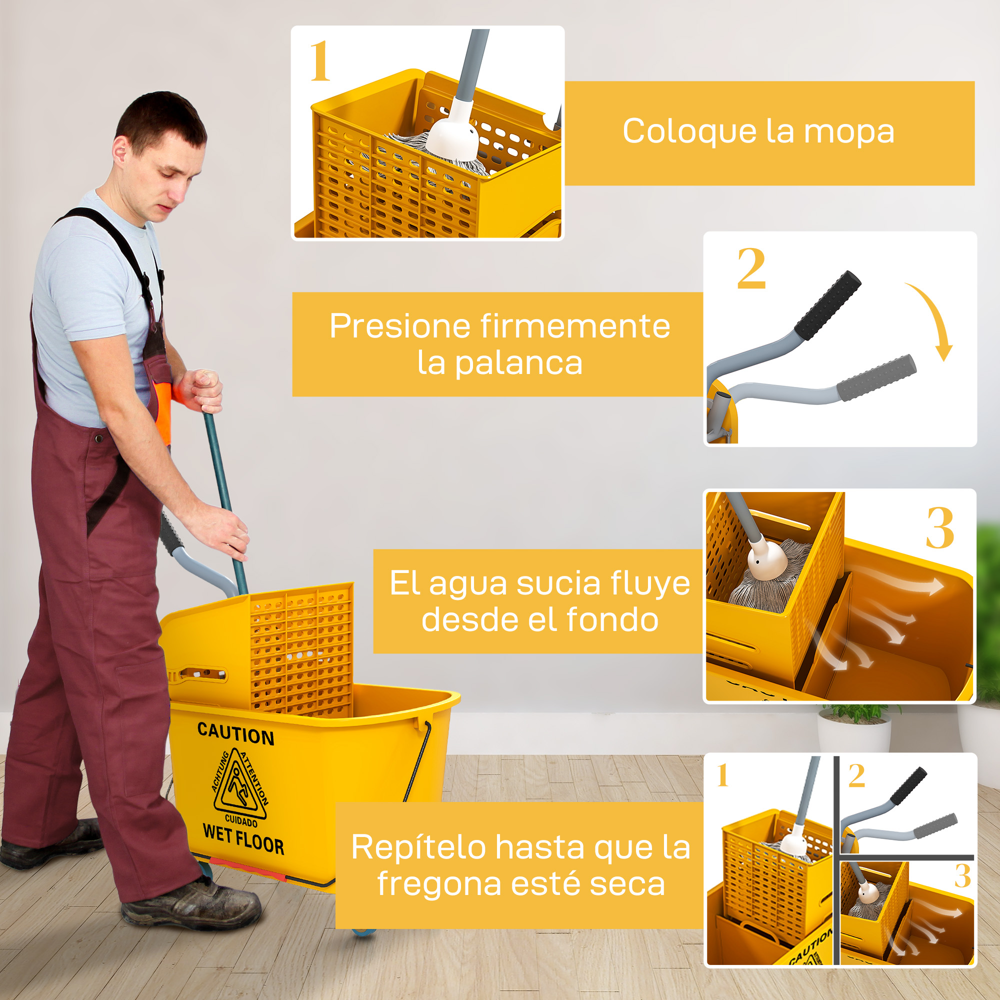 Un hombre usa un cubo de fregona amarillo con pasos instructivos.