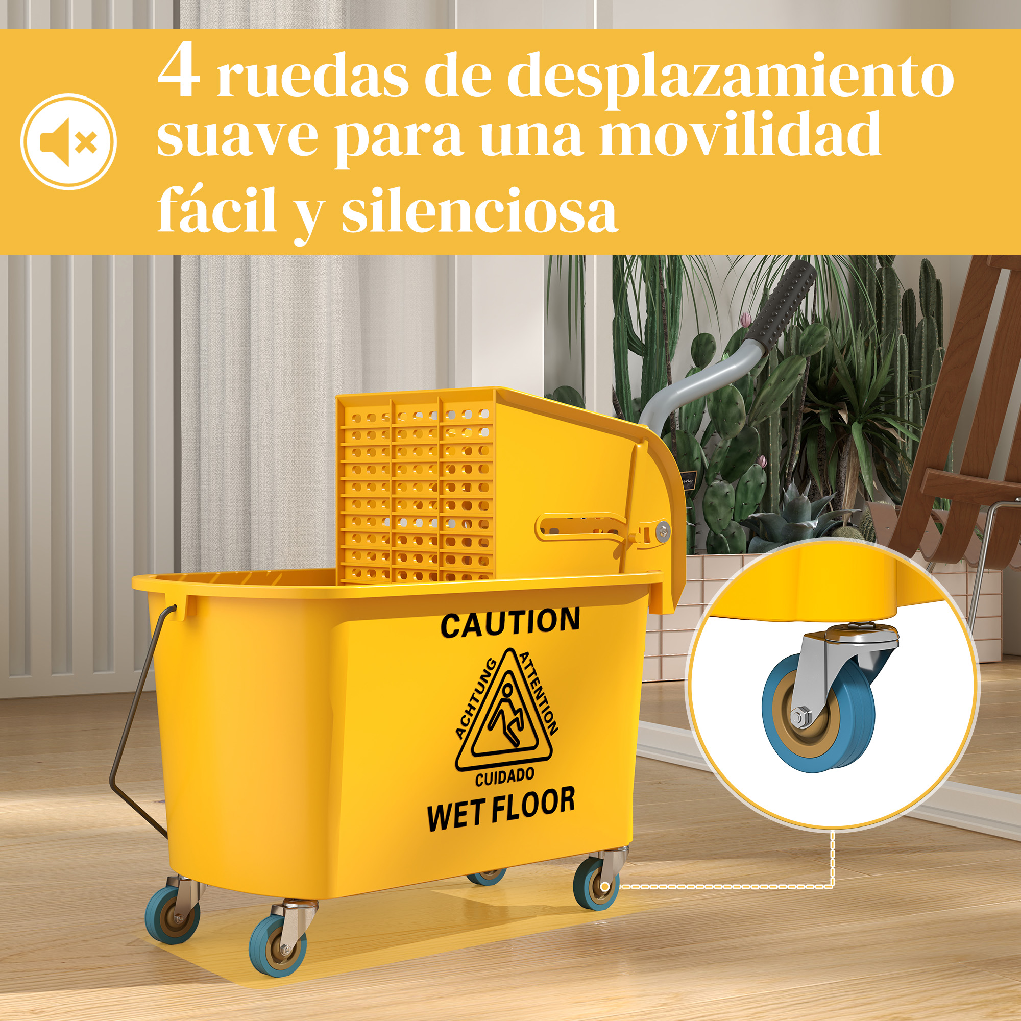 Un cubo de fregar amarillo con ruedas y señal de suelo mojado.
