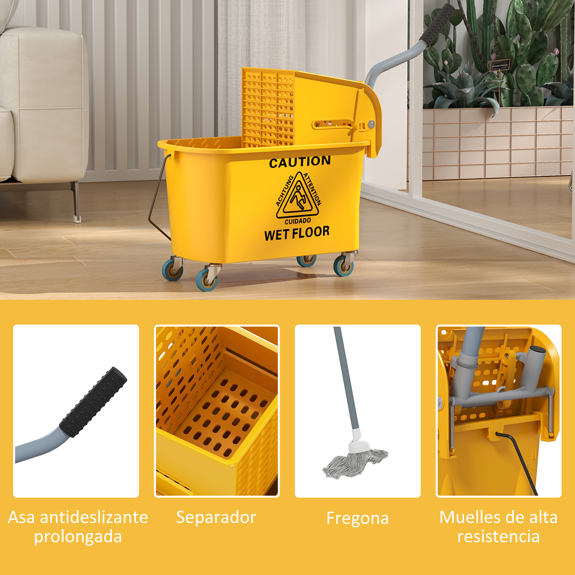 Un cubo de fregona amarillo con señal de suelo mojado y accesorios.