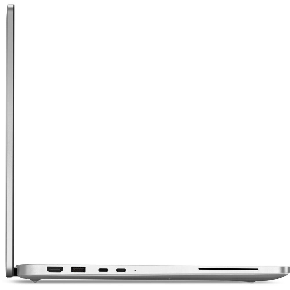 HDMI ve USB-C bağlantı noktalarını gösteren gümüş renkli dizüstü bilgisayarın yan görünümü.