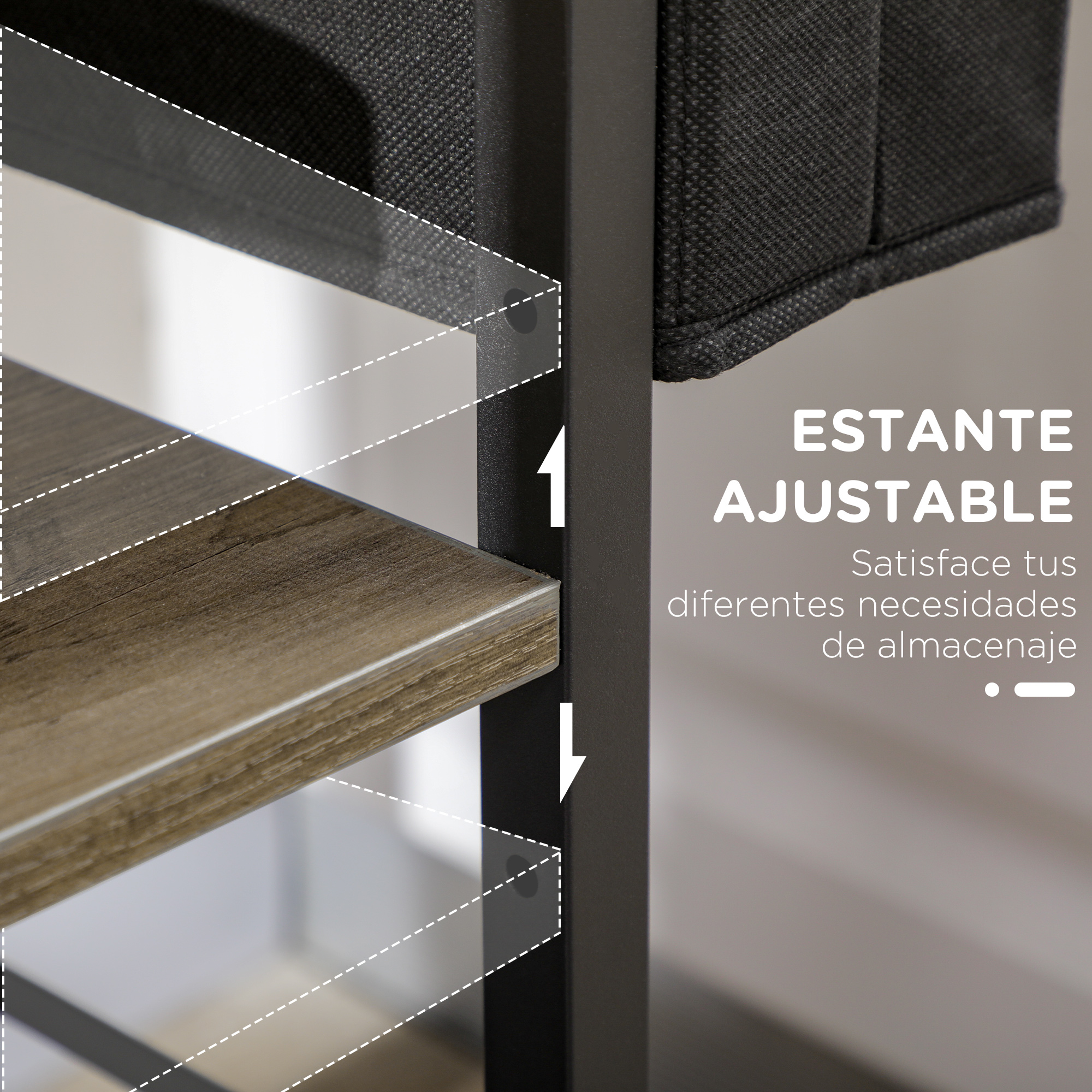 Estante ajustable con aspecto de madera y detalles de tela negra.