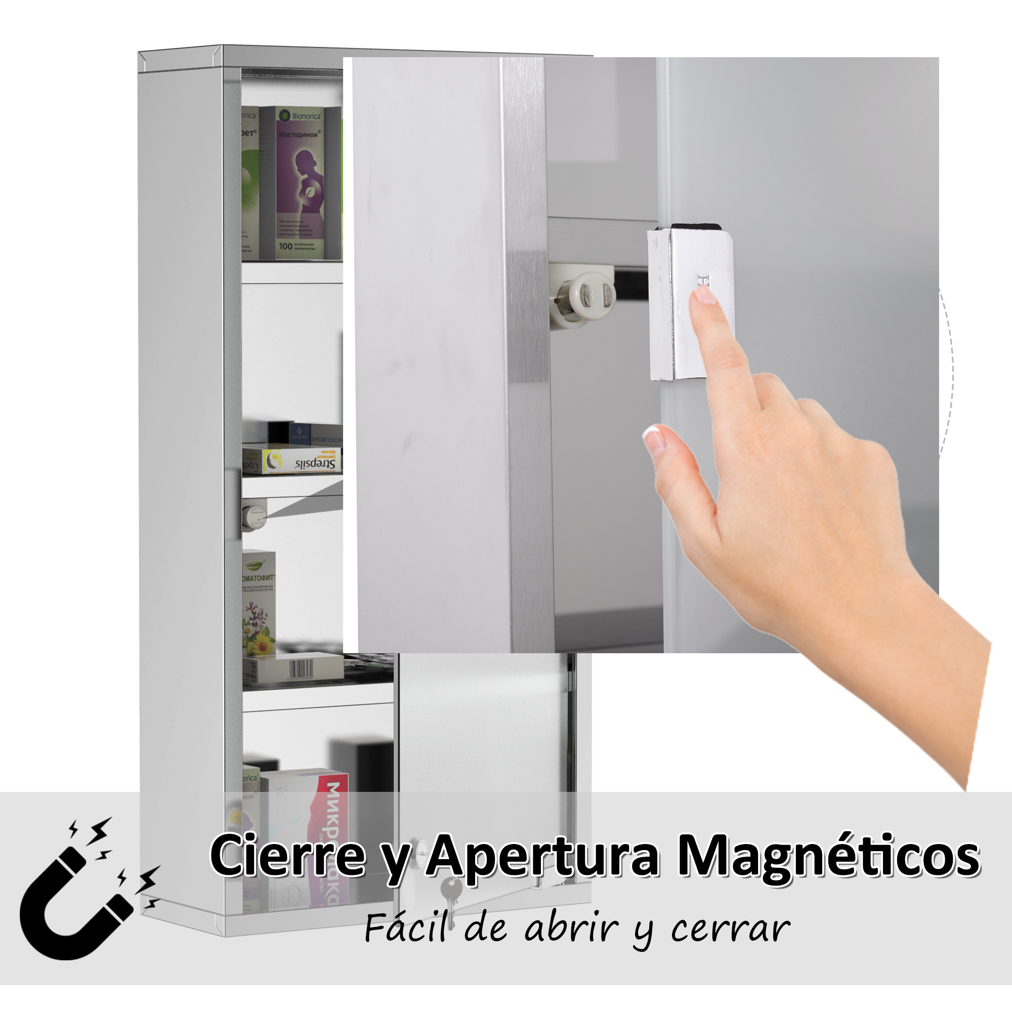 Un dedo toca un cierre magnético en un armario abierto lleno de medicamentos.
