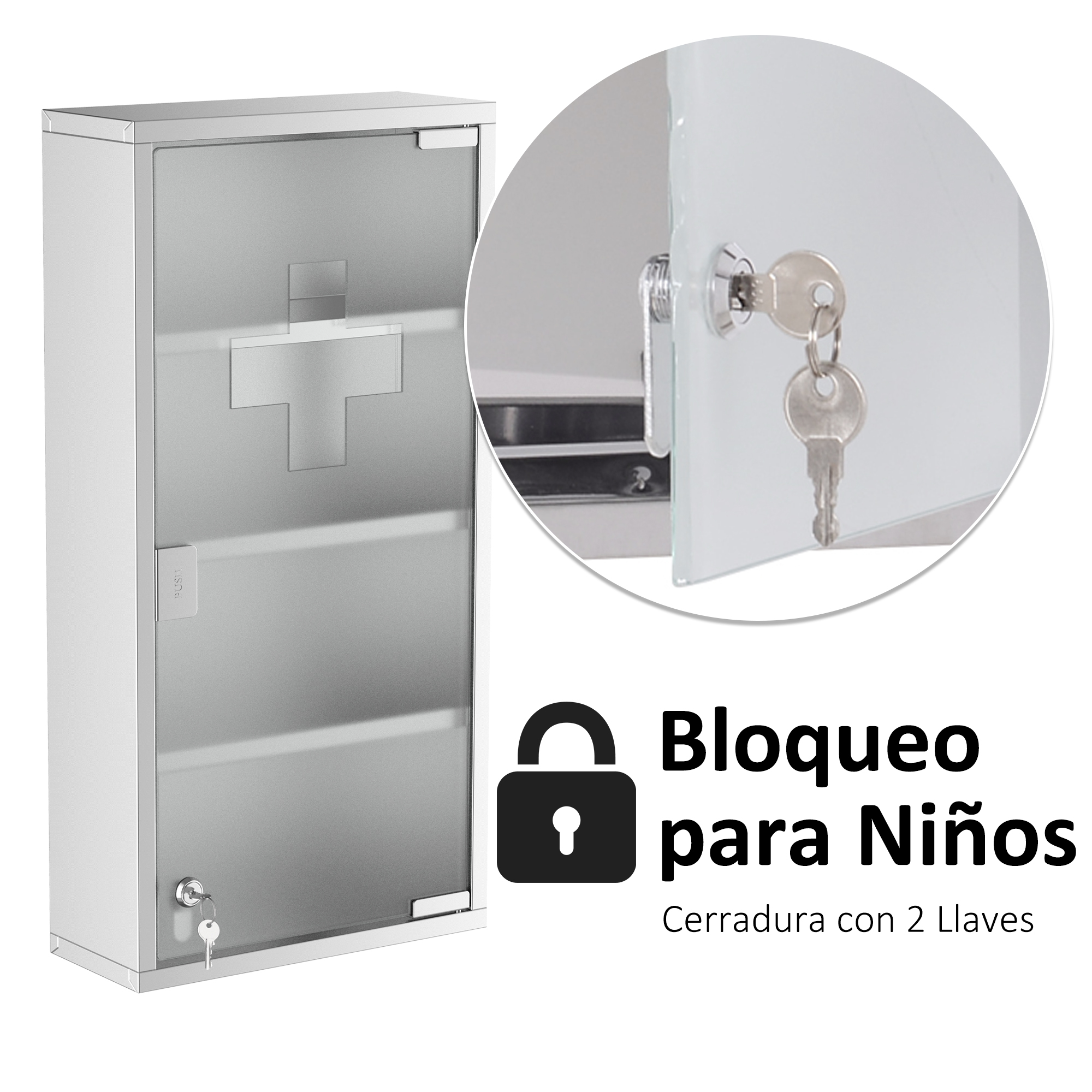 Un botiquín plateado con puerta de cristal esmerilado y cruz, con llaves.