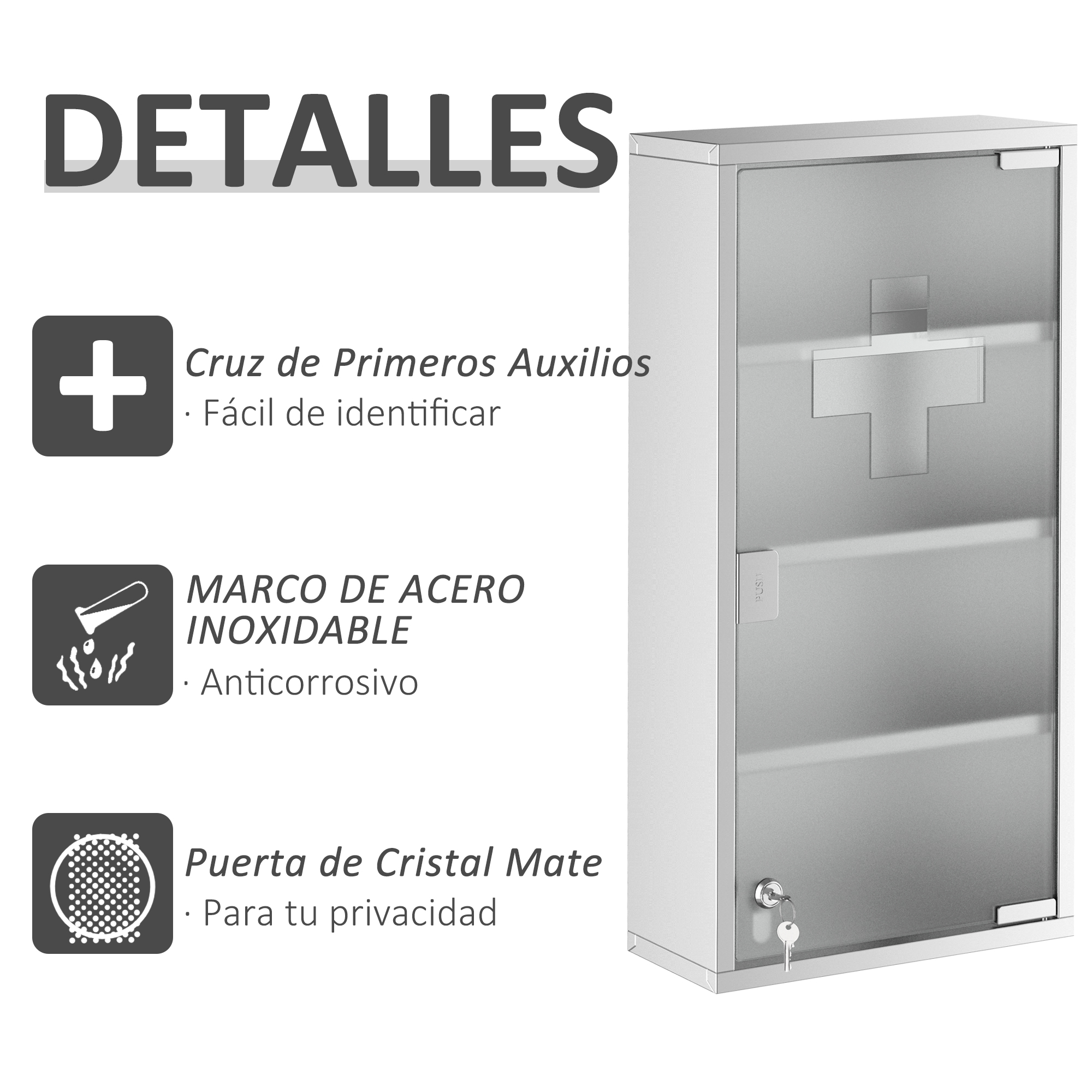 Un botiquín blanco de metal con puerta de cristal, símbolo de cruz y llaves.