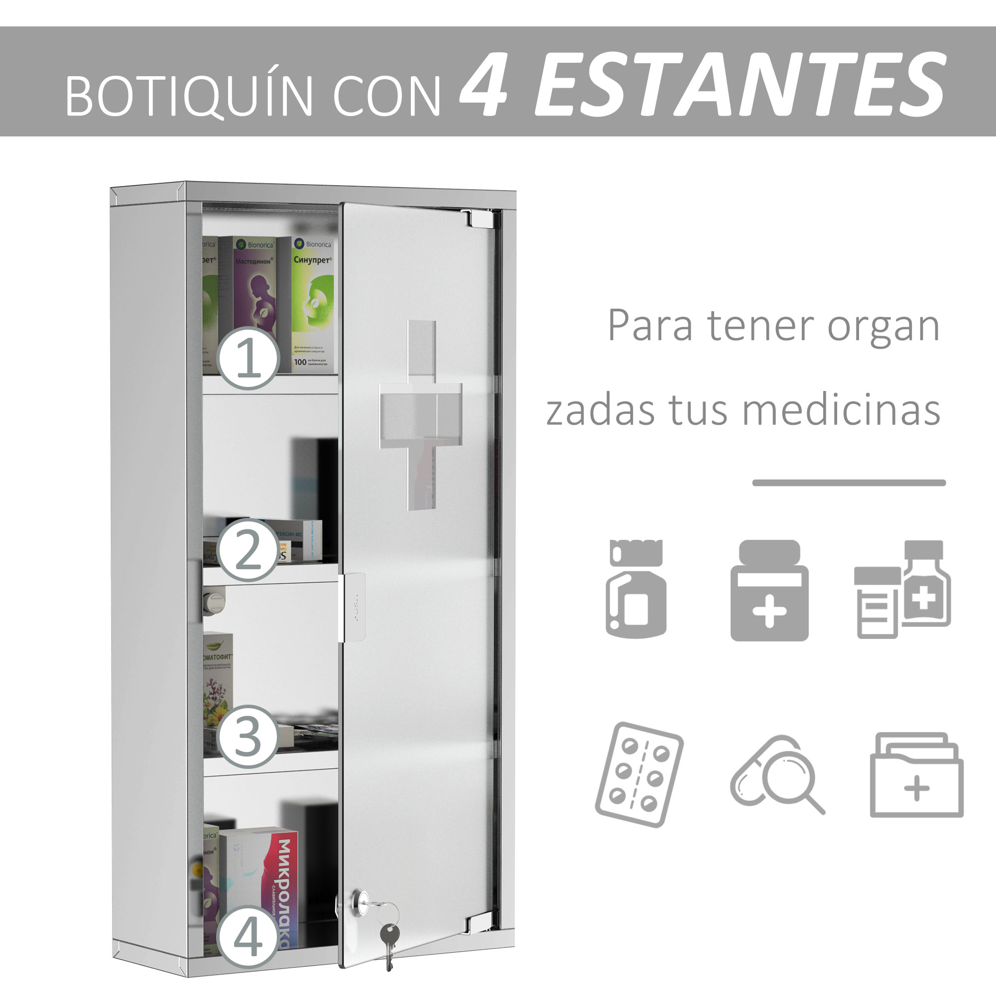Un botiquín plateado con cuatro estantes, lleno de medicamentos.