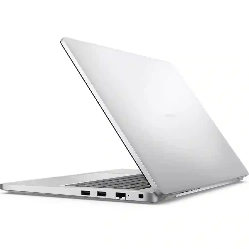 Gümüş rengi laptop açık ekranı, klavyesi ve portları görünüyor.