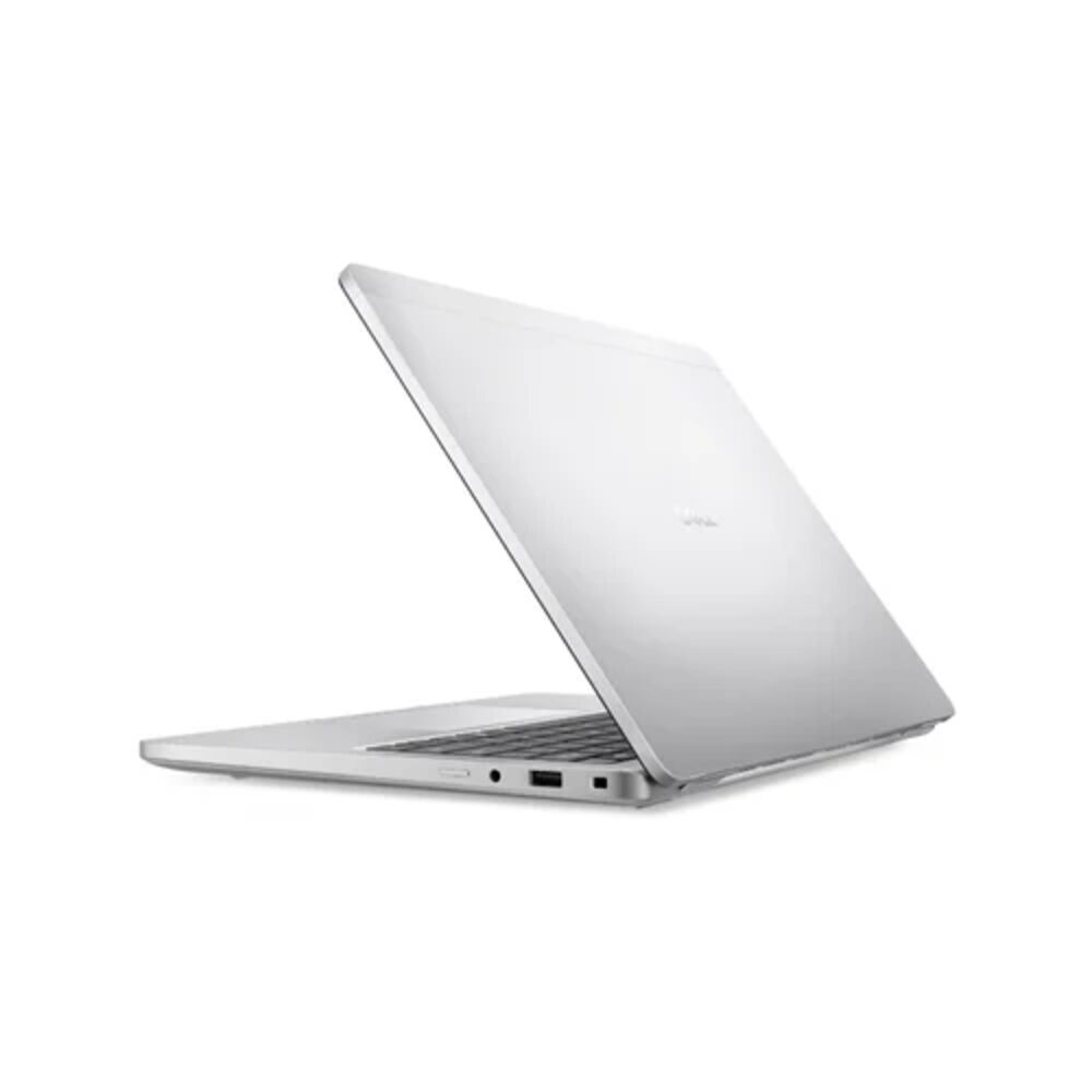 Gümüş rengi laptop, yan görünüm, kapağı açık.