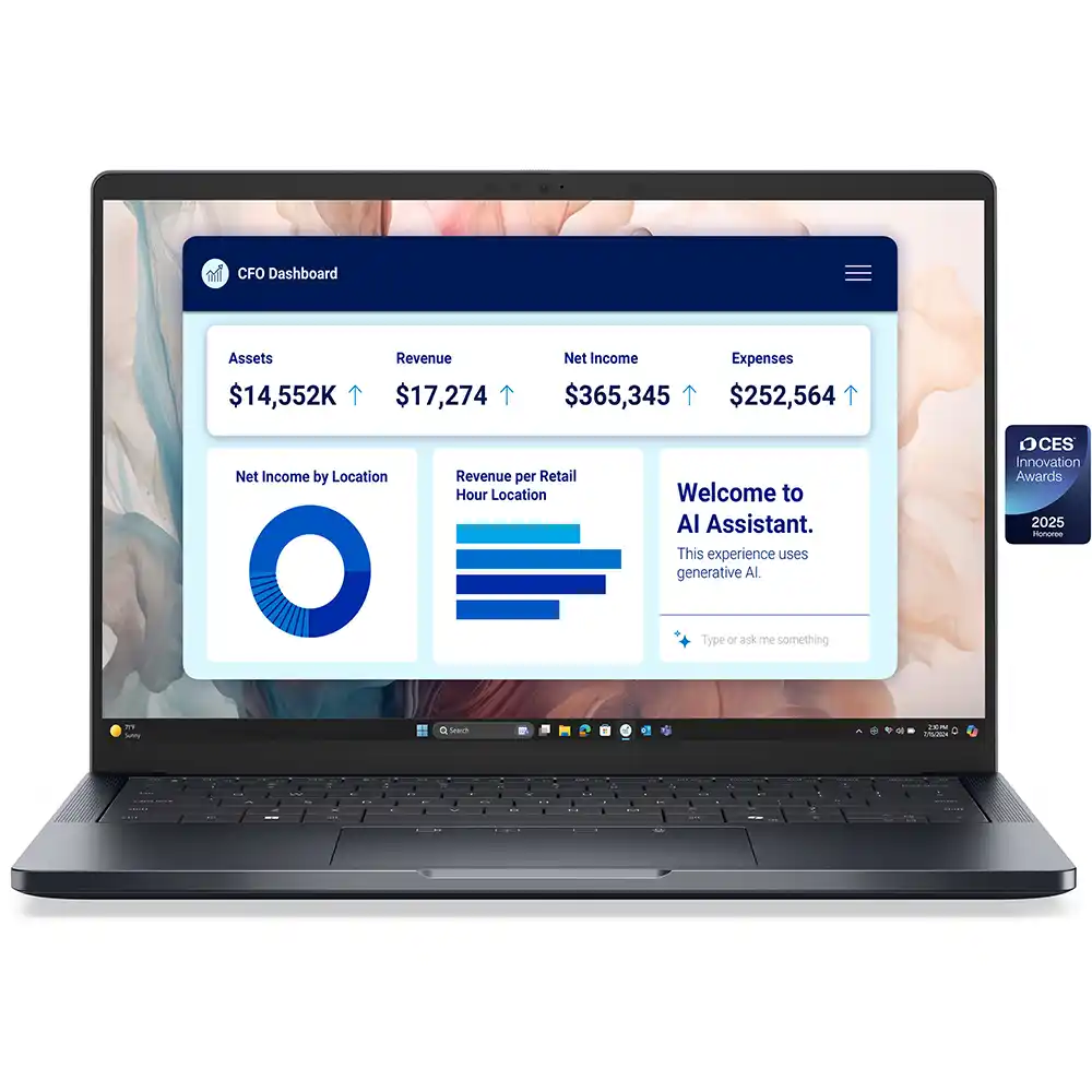 Laptopta finans müdürü paneli: varlıklar, gelir, giderler, grafikler, yapay zeka asistanı.