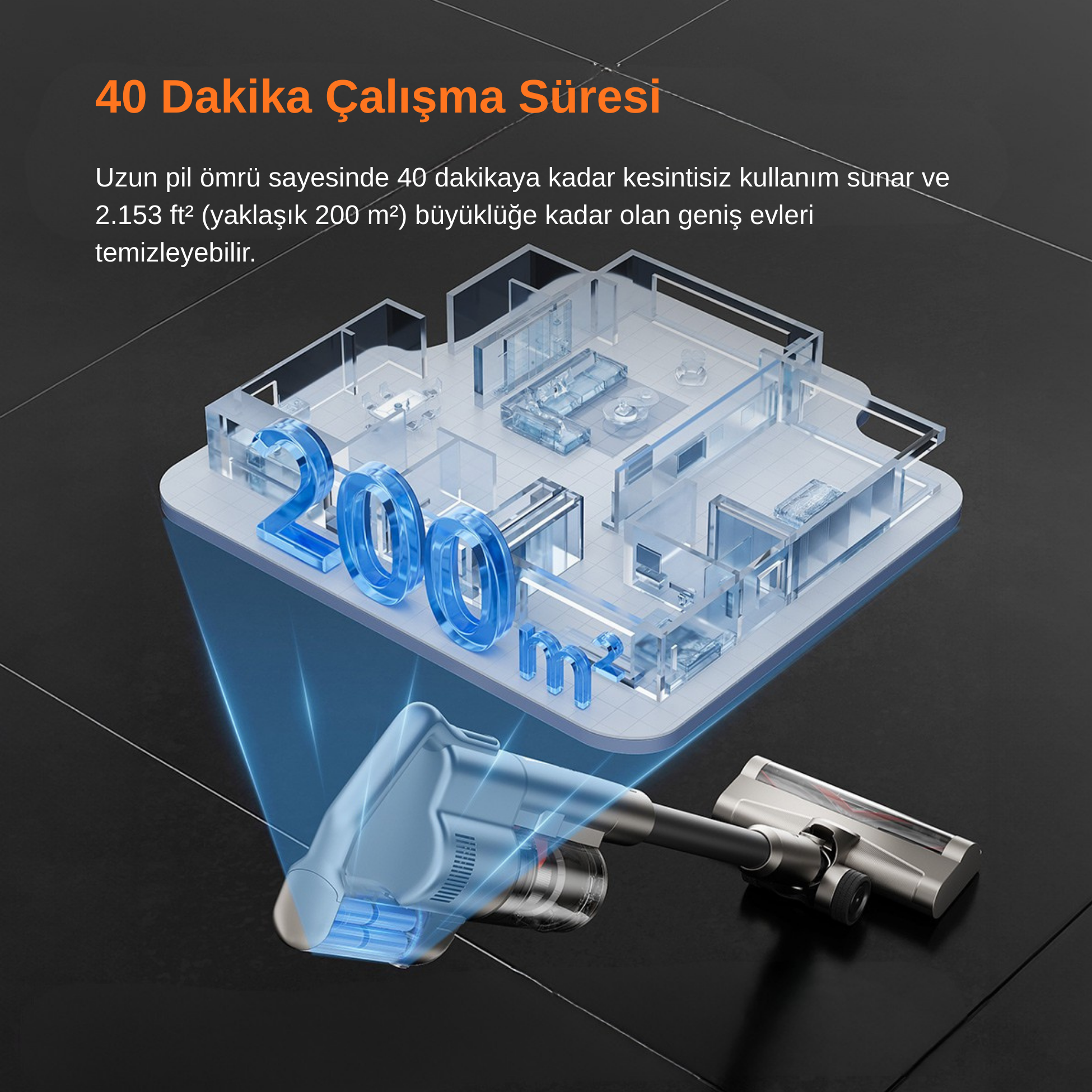 Mavi bir elektrikli süpürge, 200 m²'lik şeffaf bir ev modelini temizliyor.