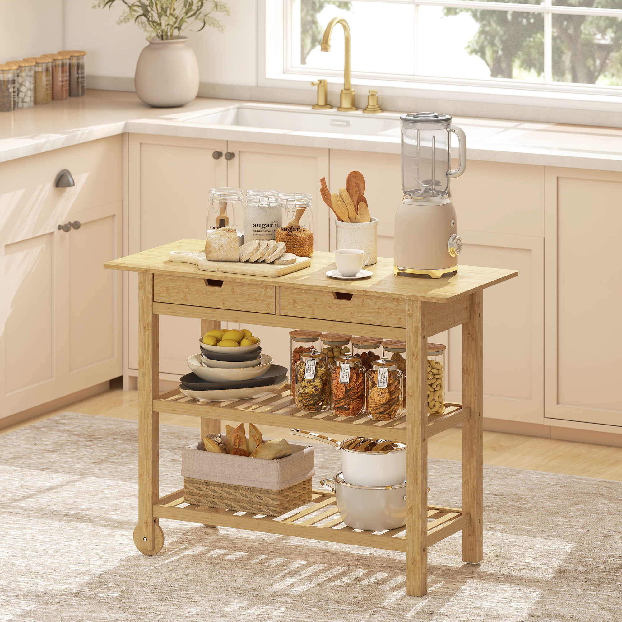 Una isla de cocina de madera con suministros como pan, galletas y fruta.