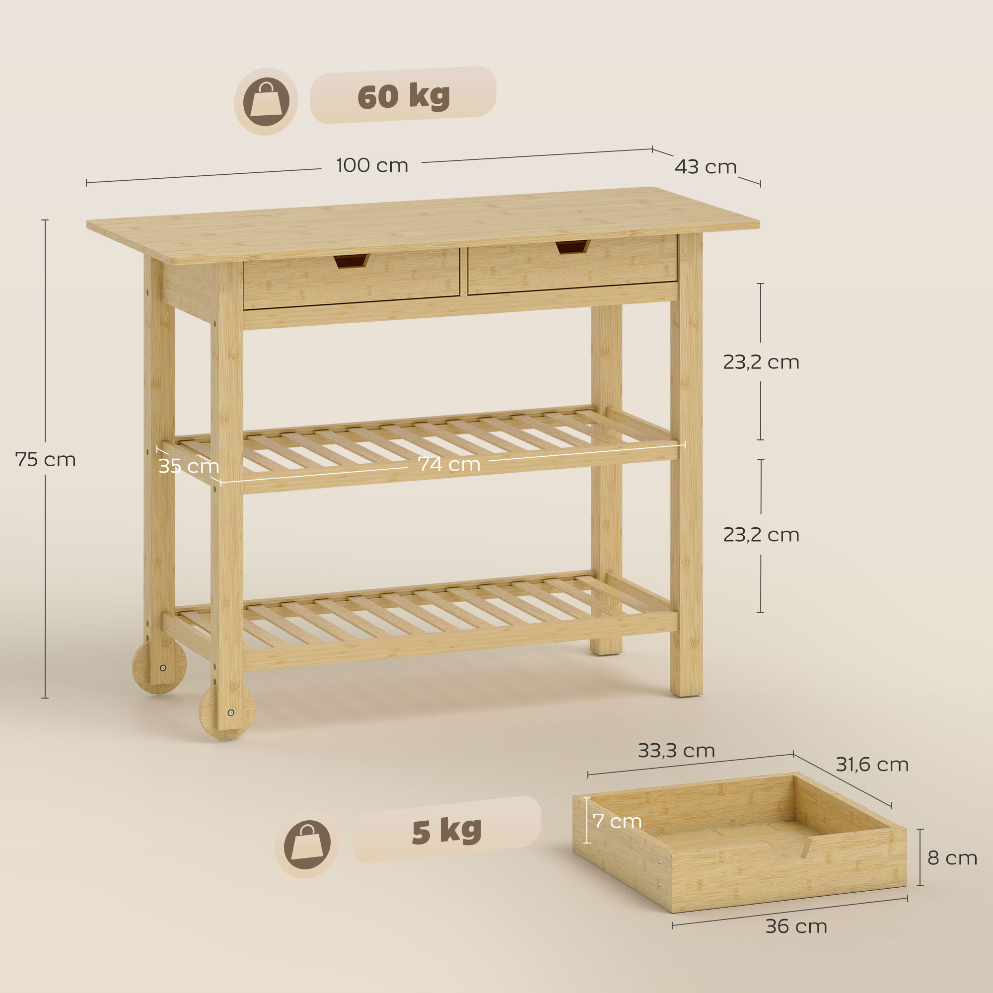 Carro de cocina de bambú con dos cajones, dos estantes de listones y ruedas. Carga máx. 60 kg.