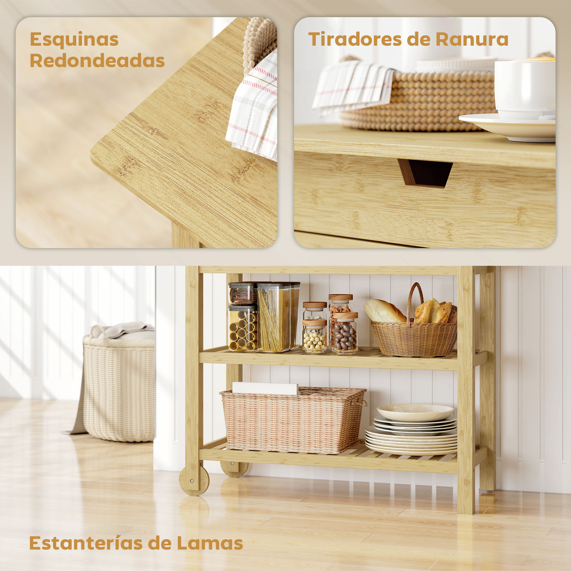 Un estante de bambú con artículos de despensa, platos y una cesta de lavandería.