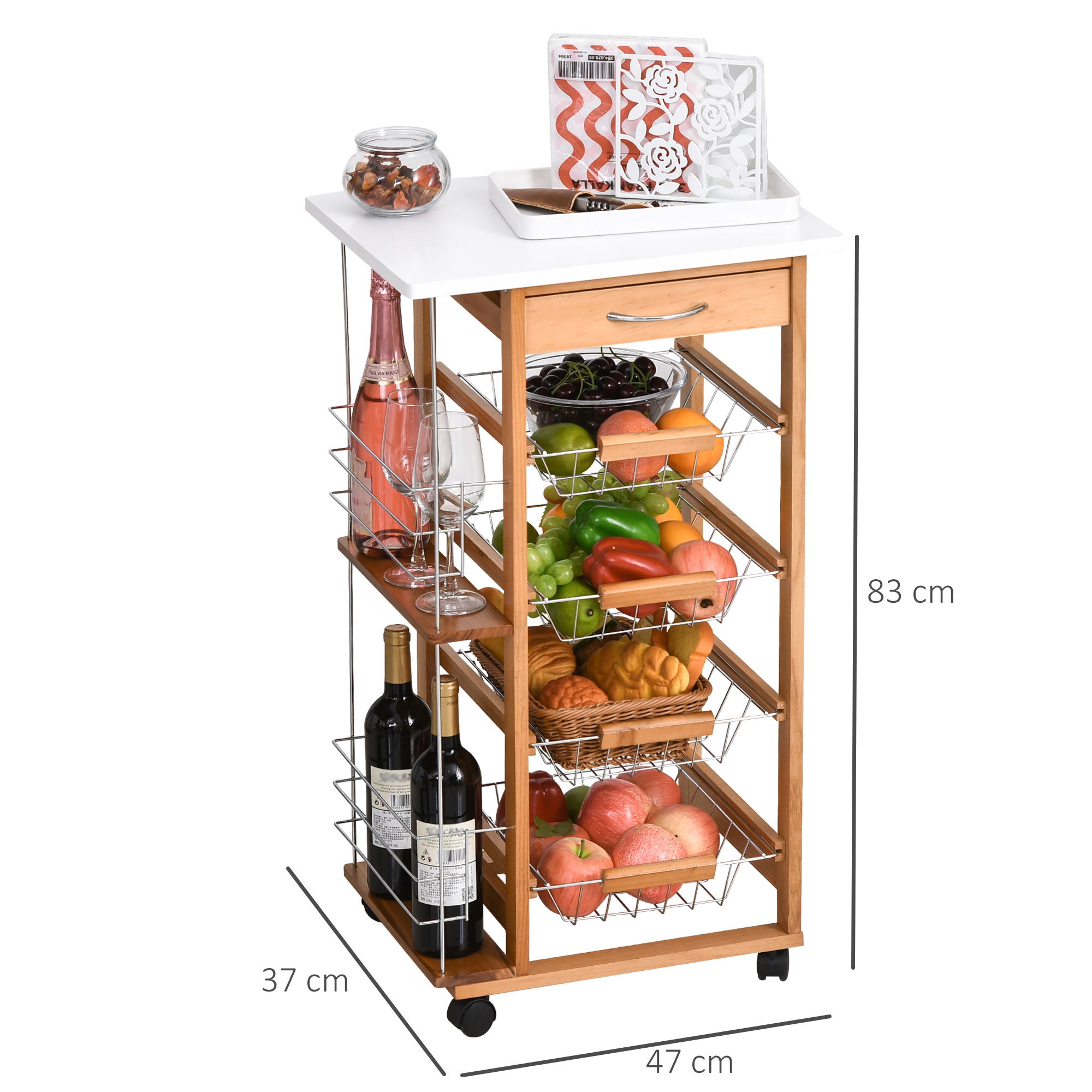 Un carrito de cocina de madera con ruedas, repleto de frutas y vino.