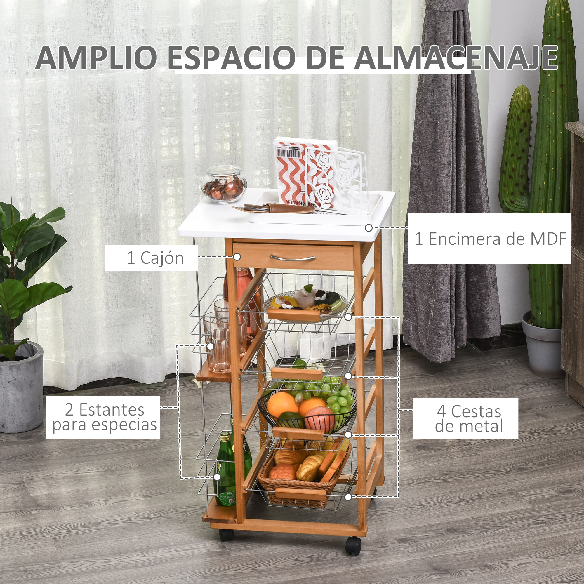 Un carrito de cocina de madera con cajón, cestas y fruta.