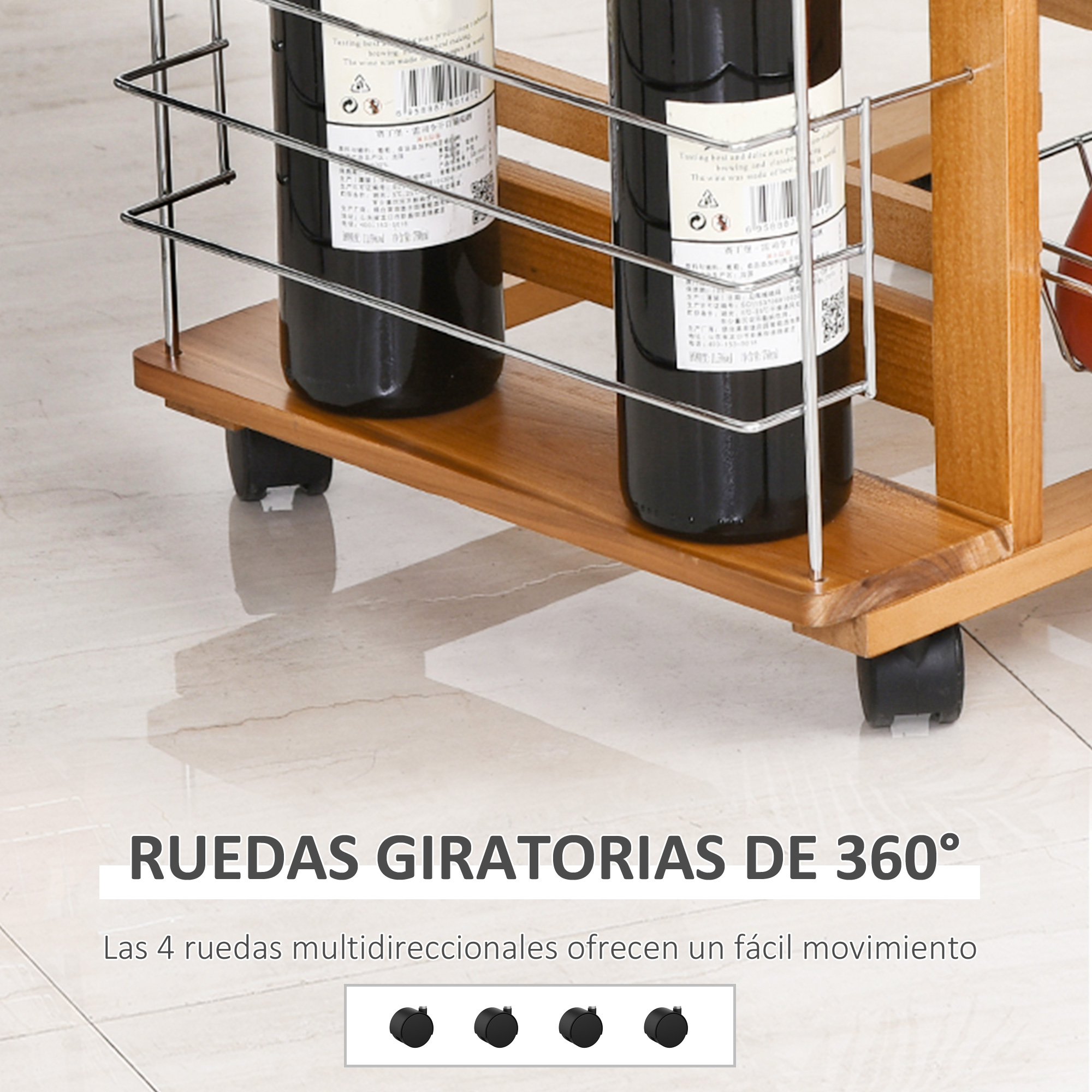 Un botellero de madera con ruedas, que sostiene dos botellas de vino.