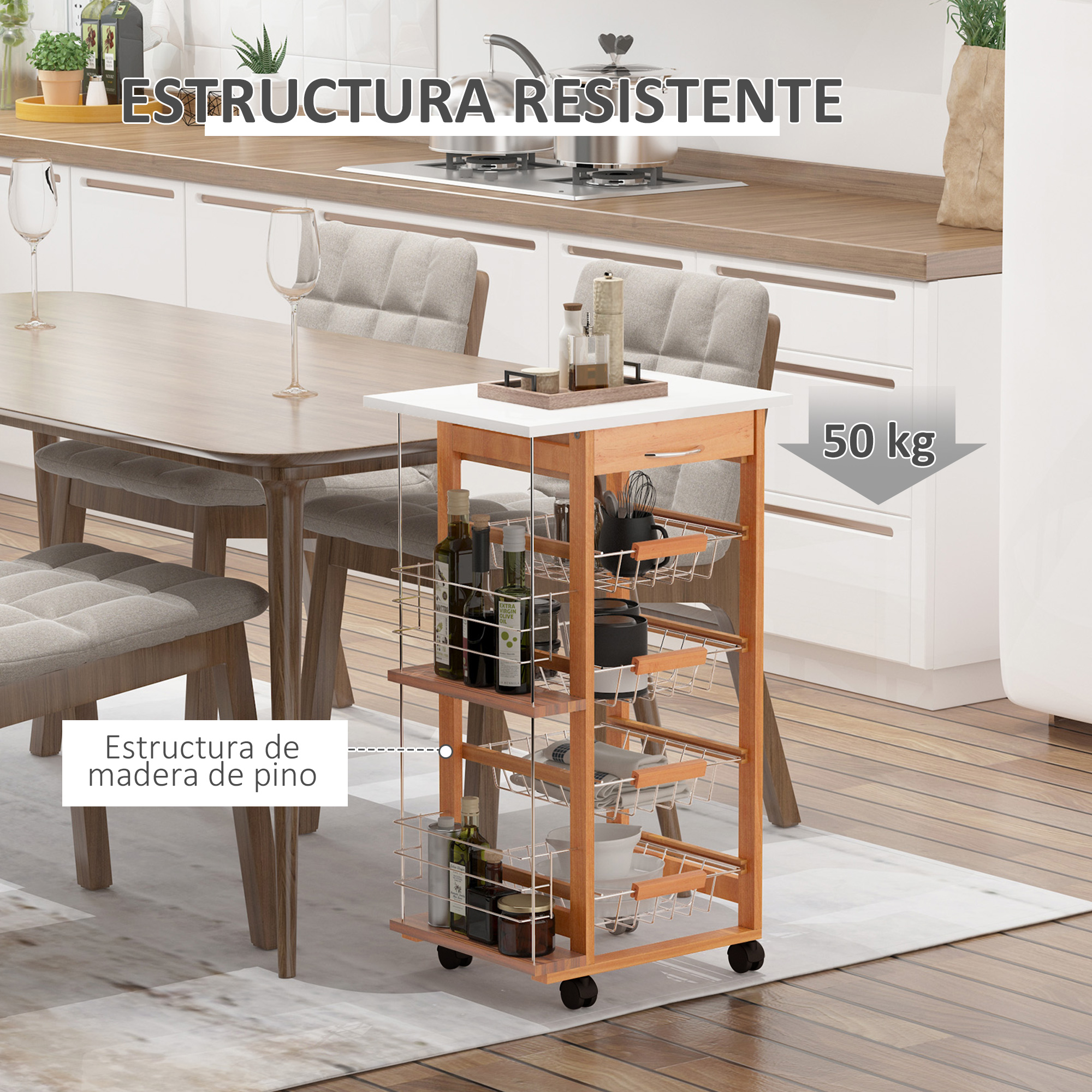 Un carrito de cocina de madera con cuatro cestas junto a una mesa de comedor en una cocina.