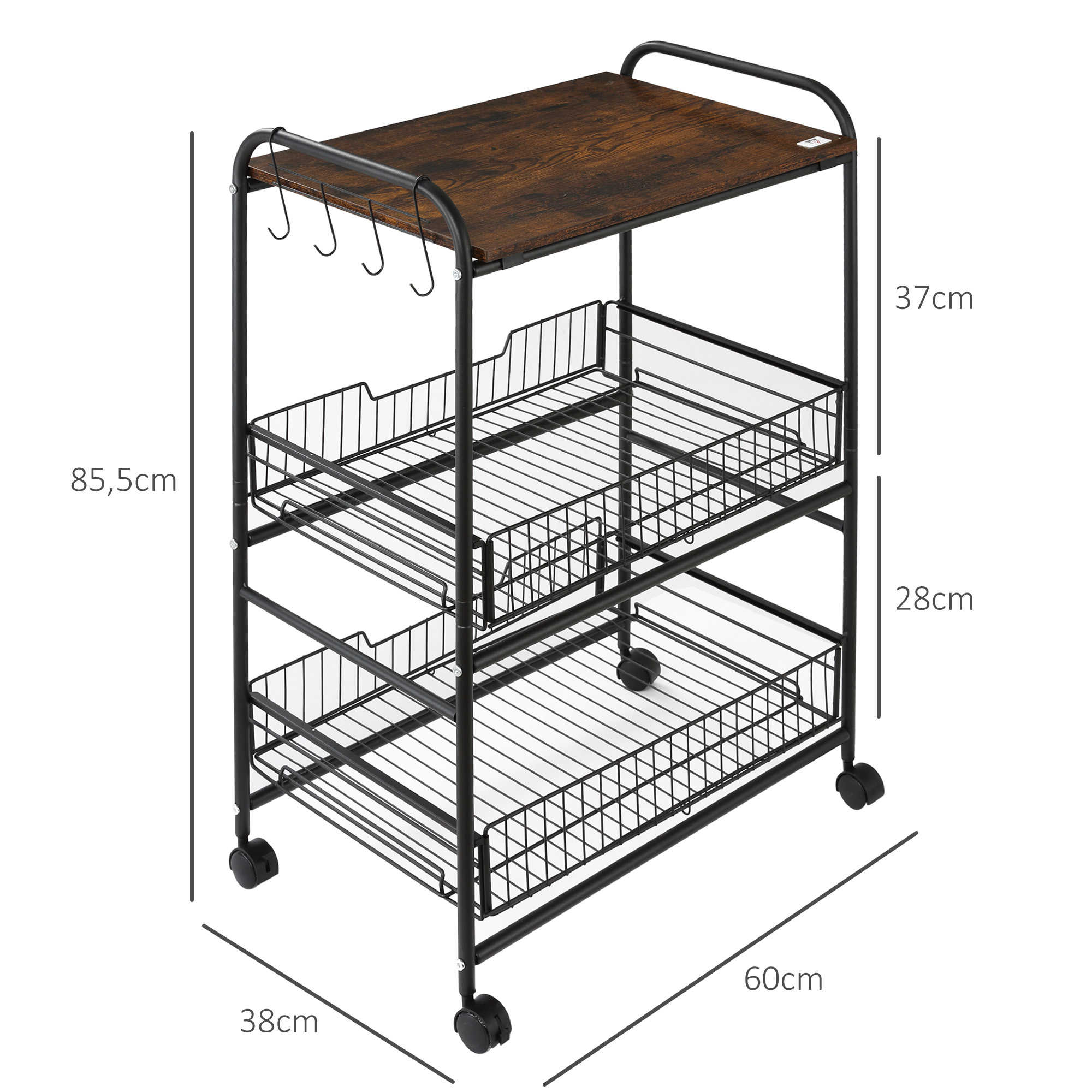 Un carrito rodante de metal de tres niveles con tapa de madera y ganchos.