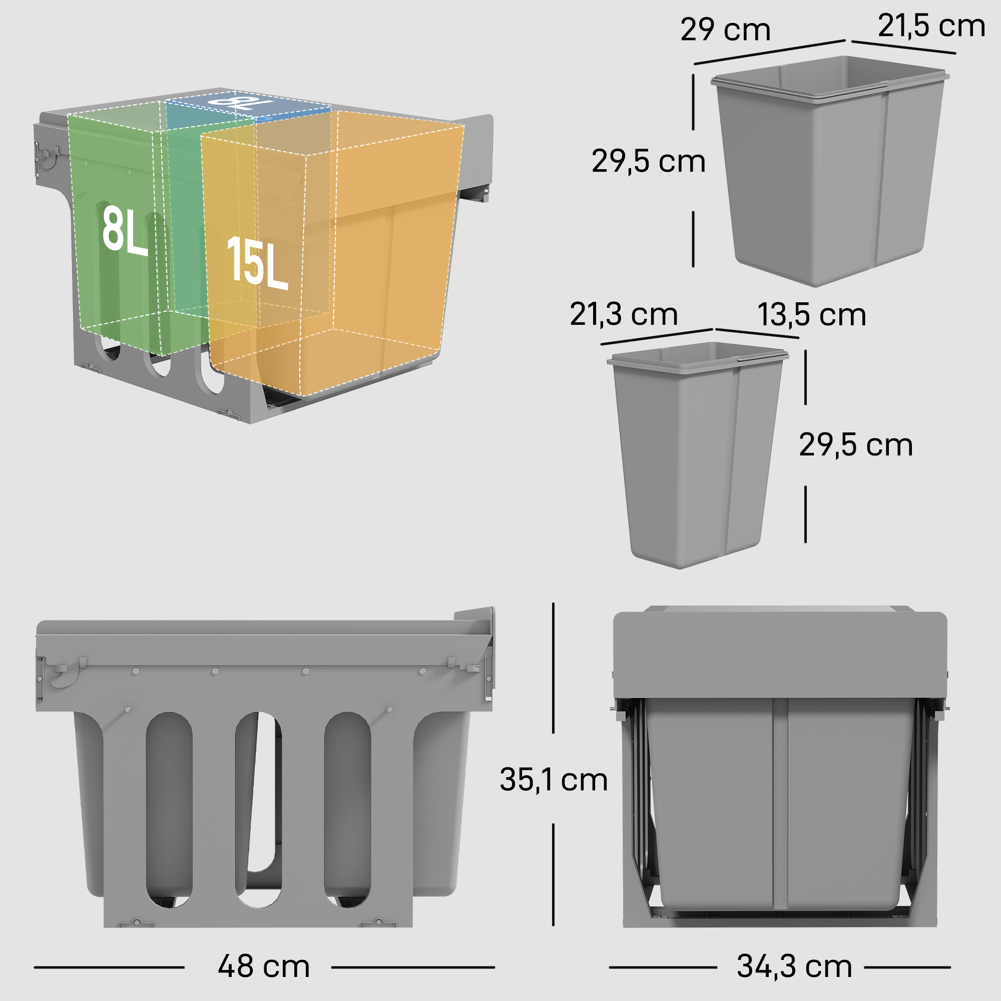 Papeleras grises con dimensiones y capacidades (8L, 15L).