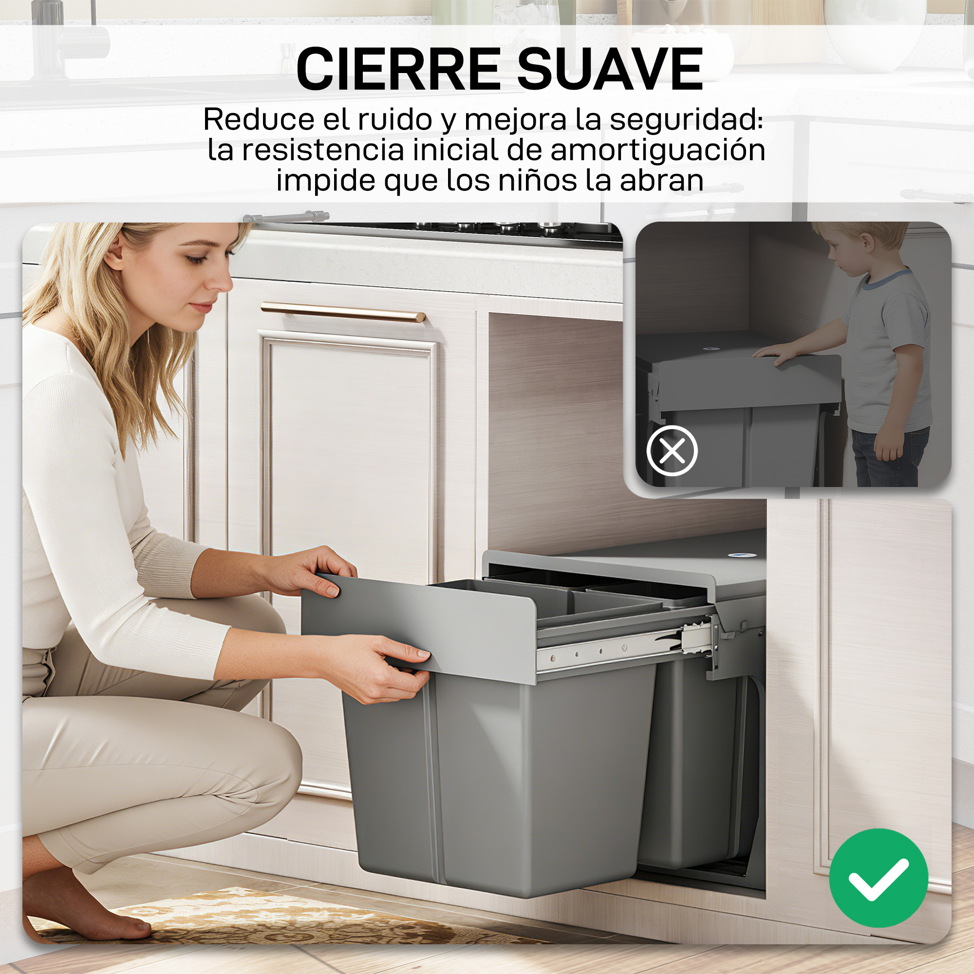 Una mujer saca un cubo de basura gris de un armario de cocina. Aparece un niño.