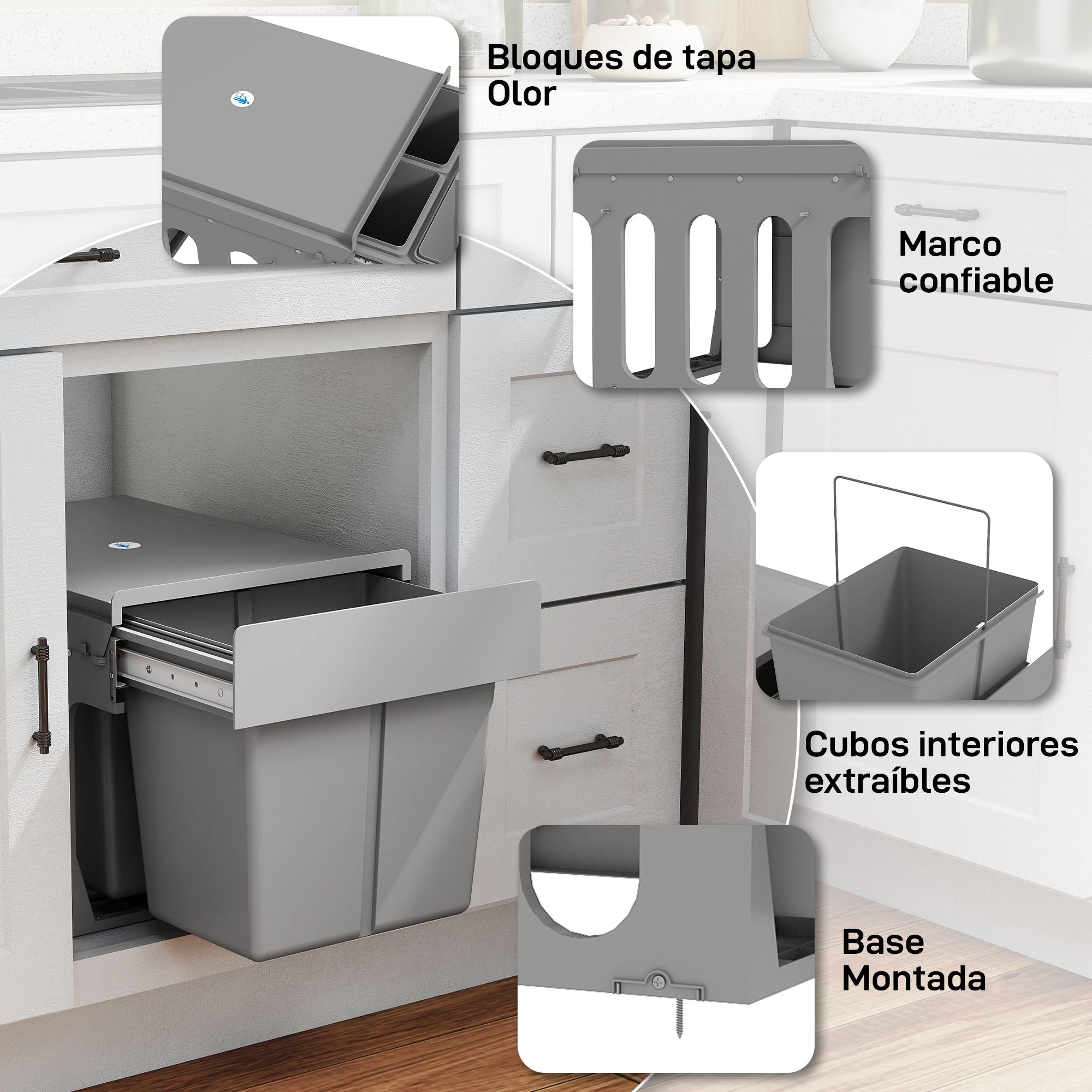Papelera extraíble gris con dos compartimentos bajo encimera.