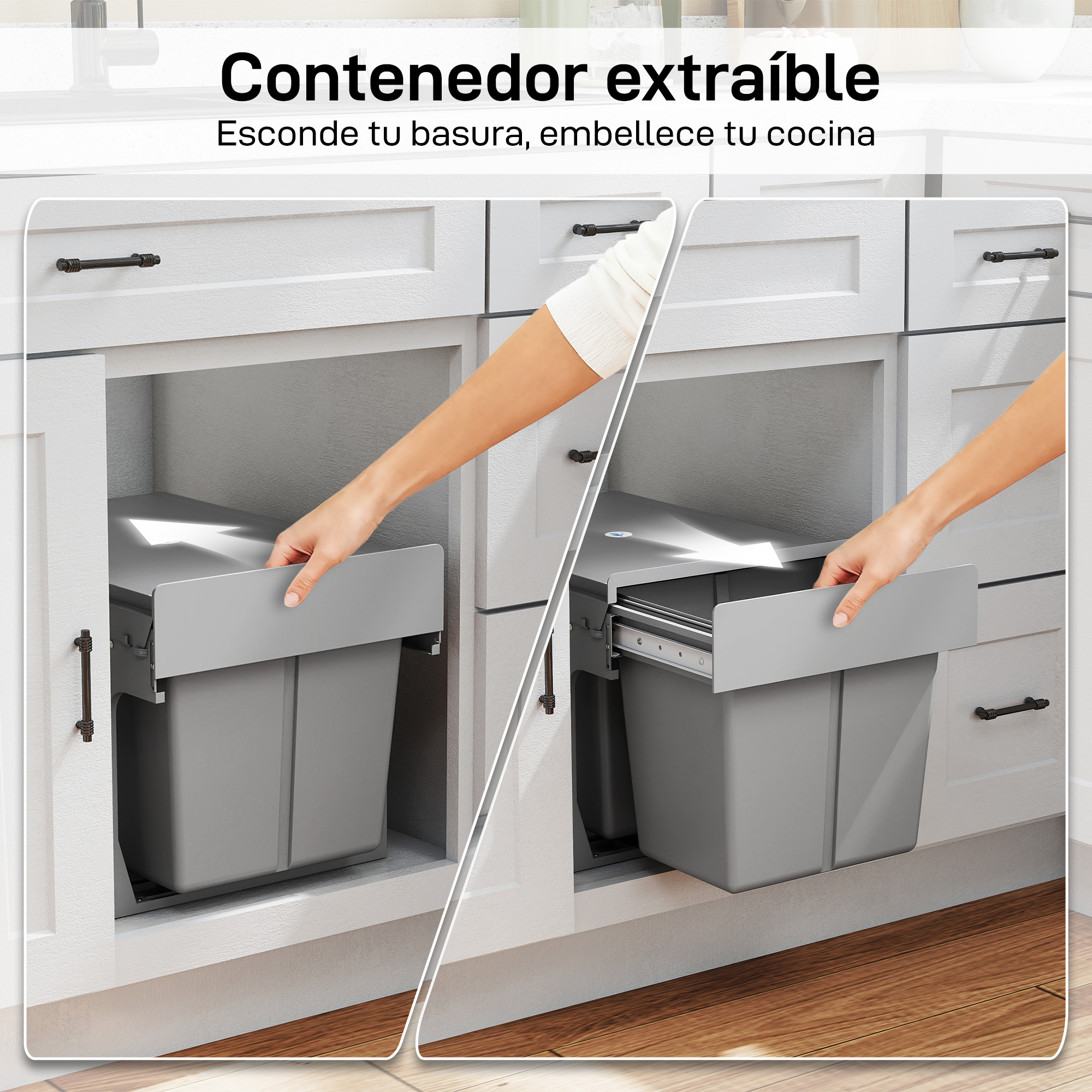 Un cubo extraíble en una cocina, oculta la basura y embellece el espacio.
