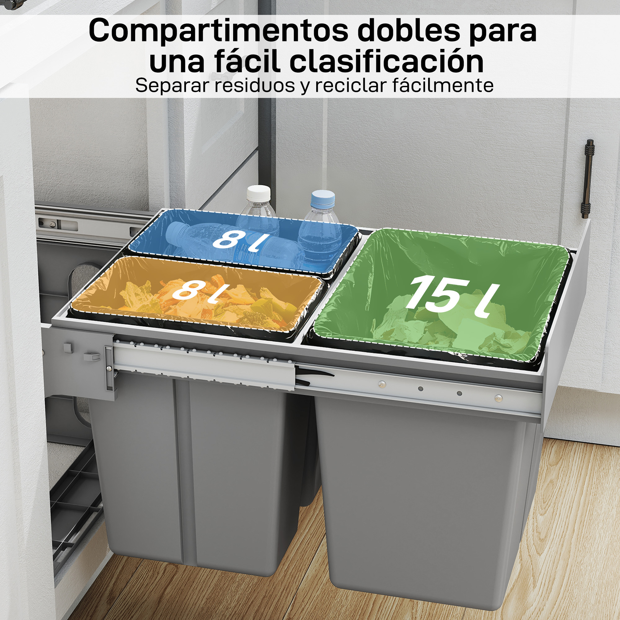 Un clasificador de basura extraíble con tres cubos: azul (8 L), amarillo (8 L) y verde (15 L).