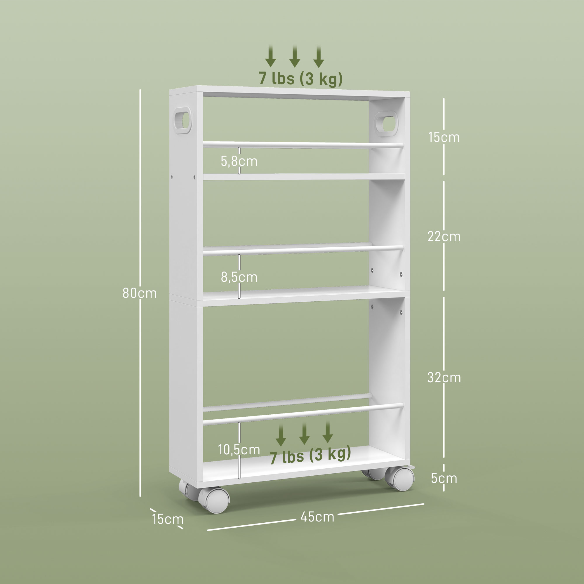 Carrito blanco con ruedas y 4 estantes, medidas 80x45x15cm. Carga máxima 3kg por estante.