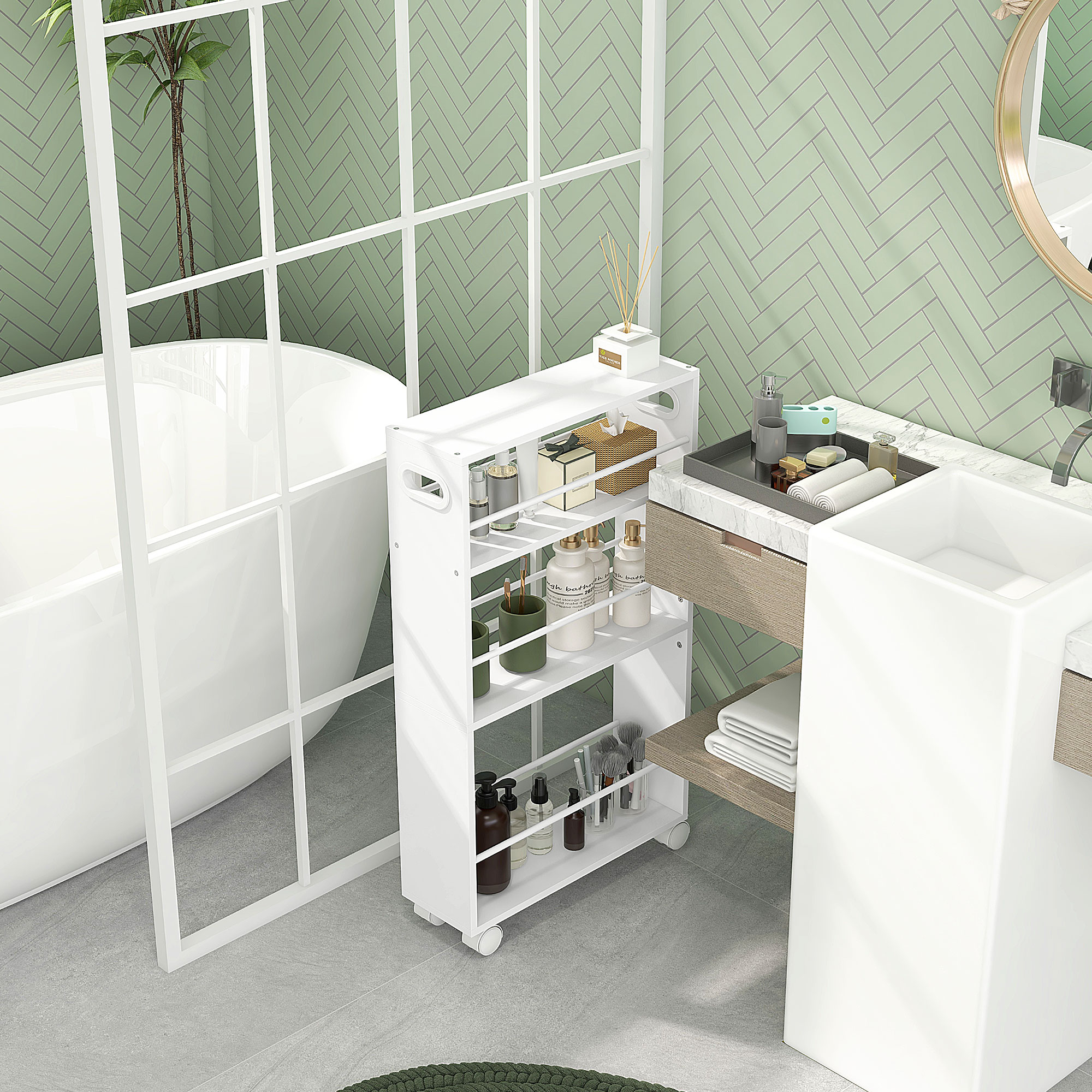 Un carrito blanco con ruedas y artículos de baño está junto a una bañera y un lavabo blancos.