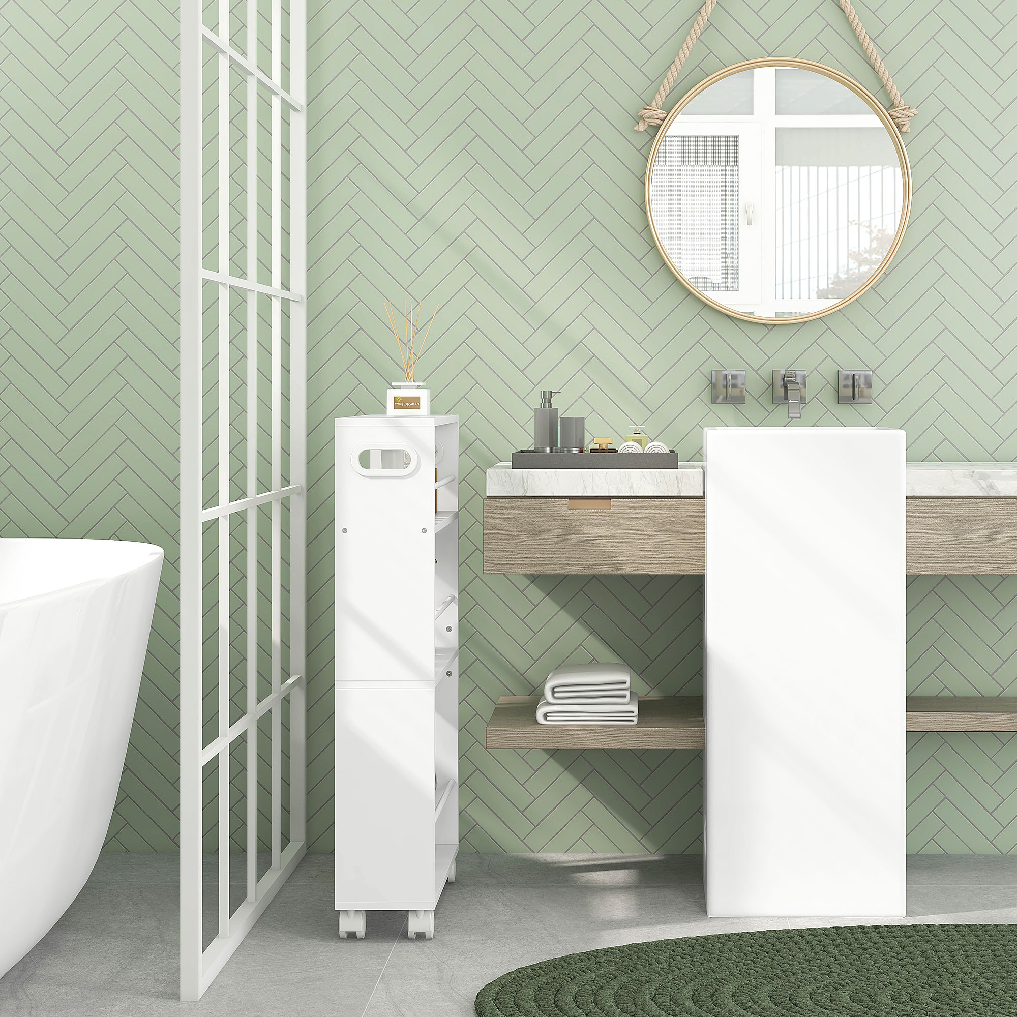 Un baño moderno con azulejos de espiga verdes, bañera, espejo y área de lavabo.